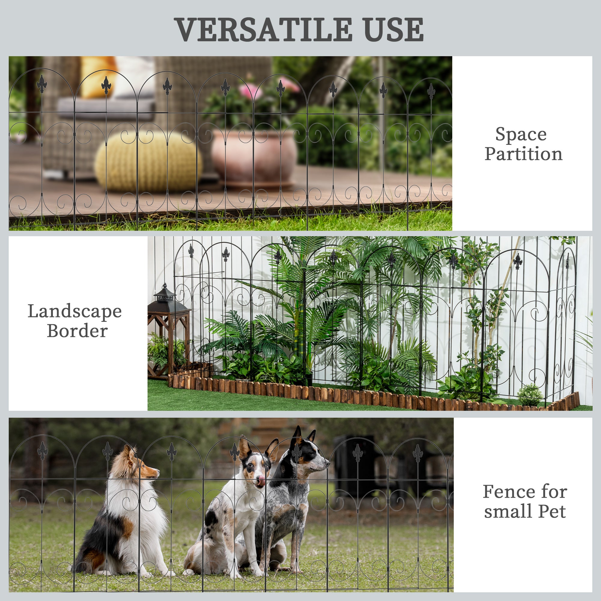 Set of 8 Rustproof 44 Inch Metal Garden Fence Panels - Black