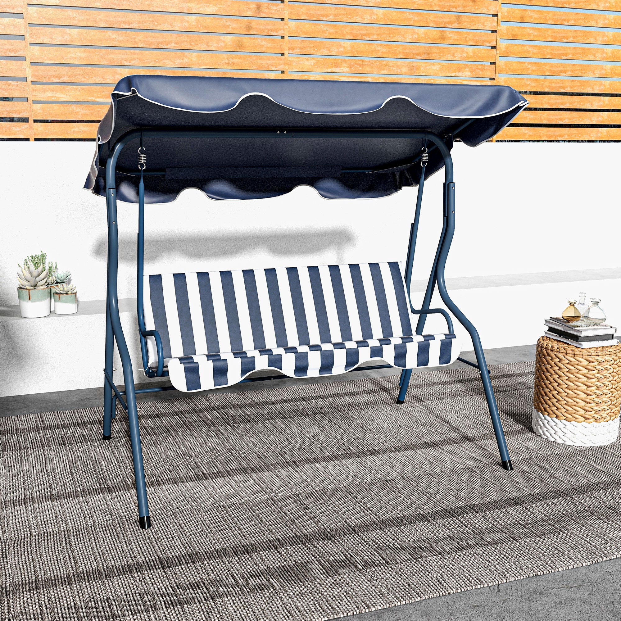 3 Seater Garden Swing Seat Chair with Adjustable Canopy and Metal Frame - Blue Stripes