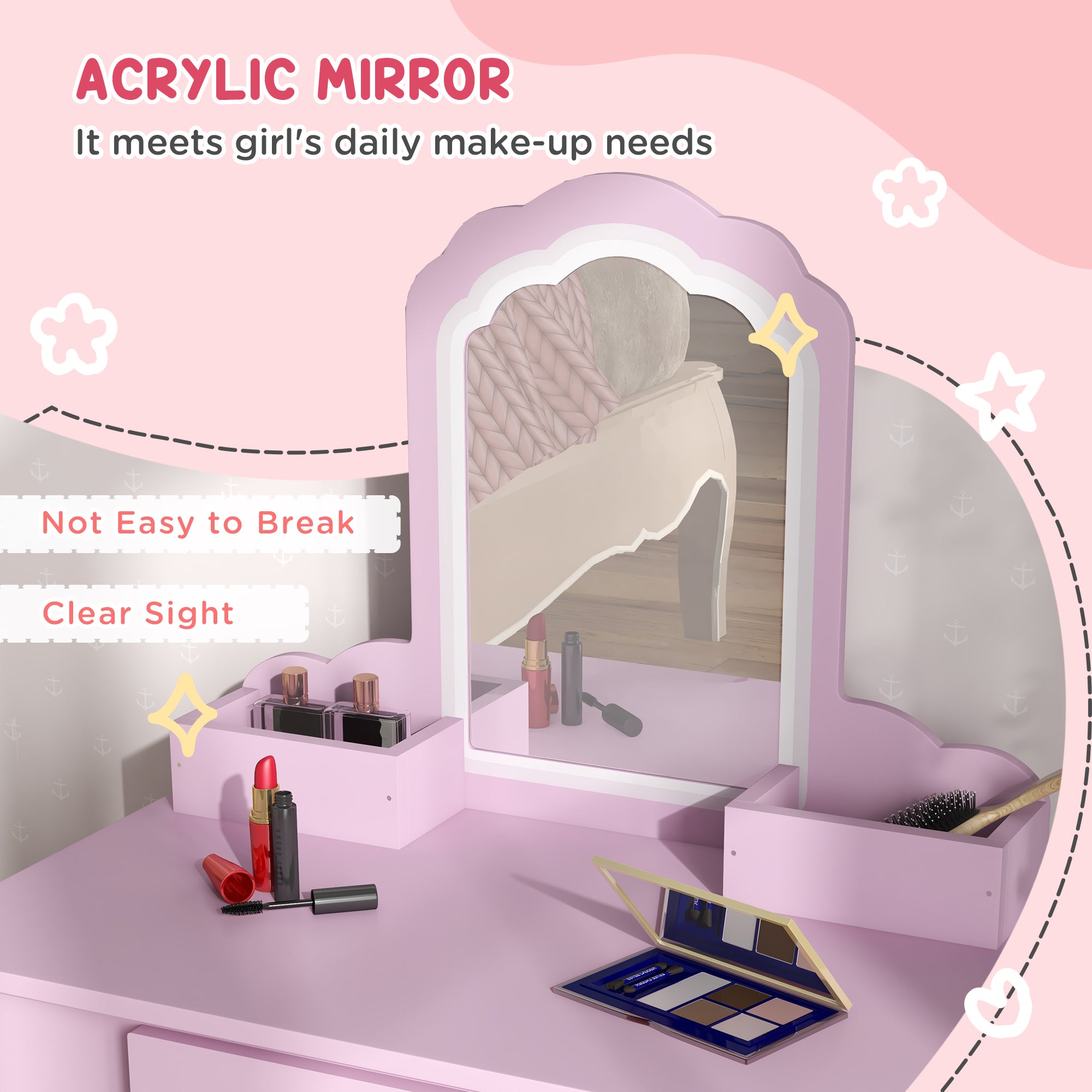 Kids Vanity Table with Mirror and Stool, Cloud Design, Drawer, Storage Boxes, for 3-6 Years Old - Pink