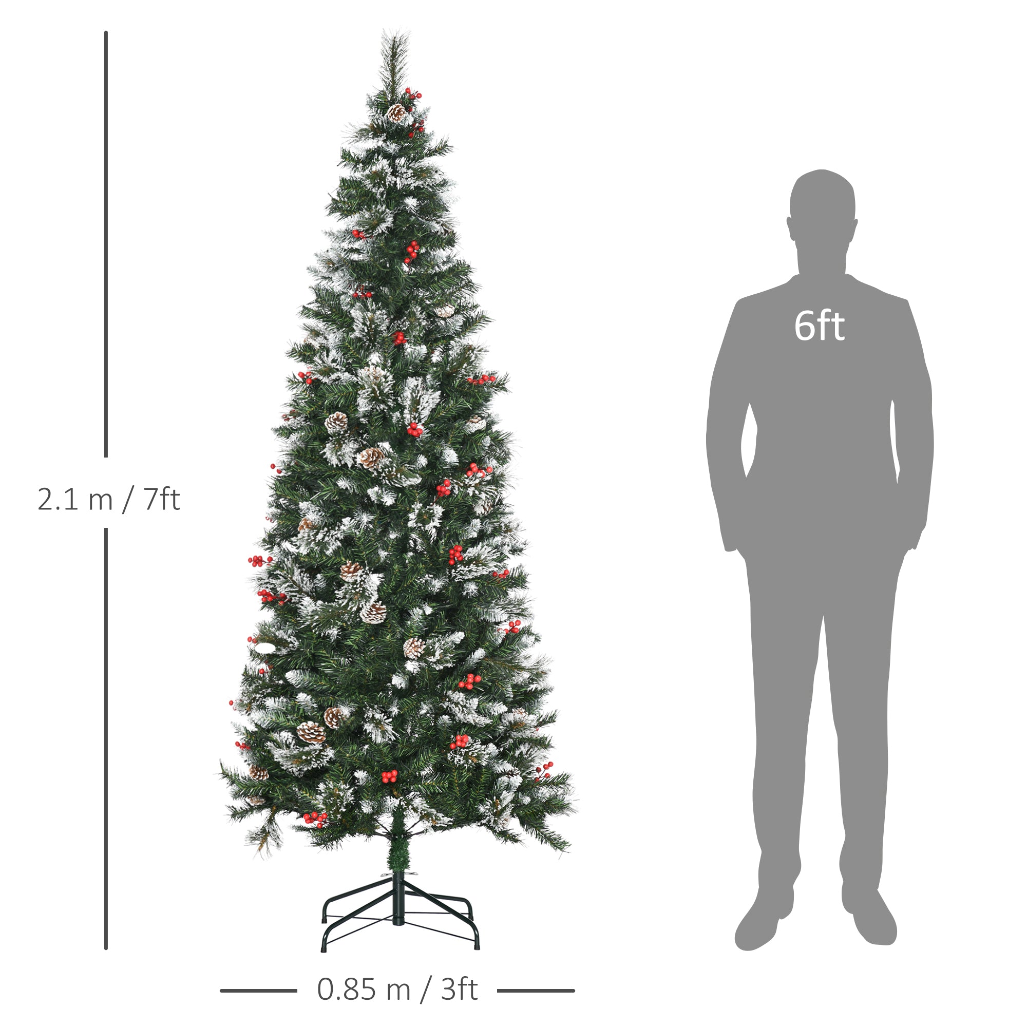 7 Foot Snow Dipped Artificial Christmas Tree Slim Pencil Xmas Tree with 738 Realistic Branches, Pine Cones, Red Berries, Auto Open, Green