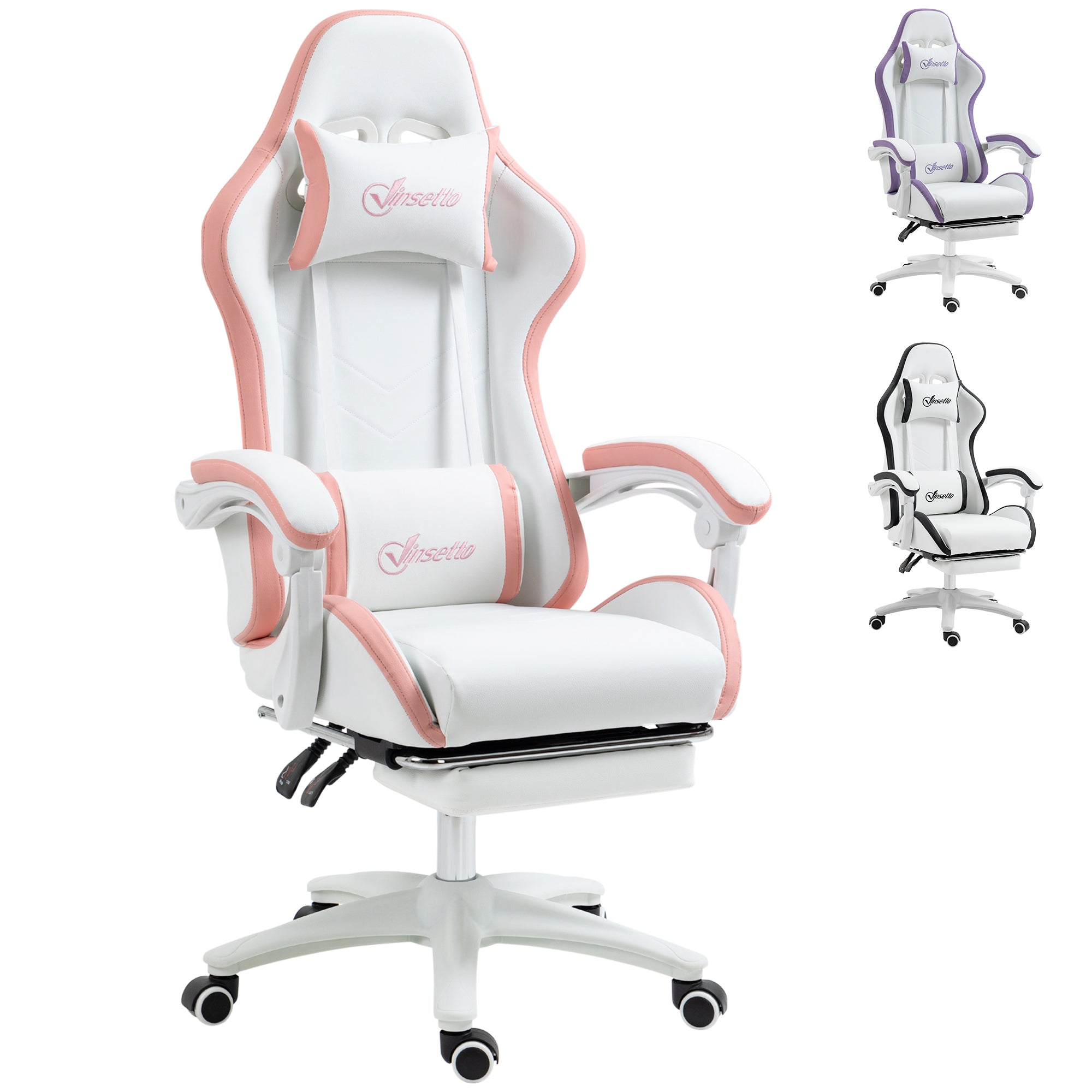 Racing Gaming Chair, Reclining PU Leather Computer Chair with 360 Degree Swivel Seat, Footrest, Removable Headrest White and Pink