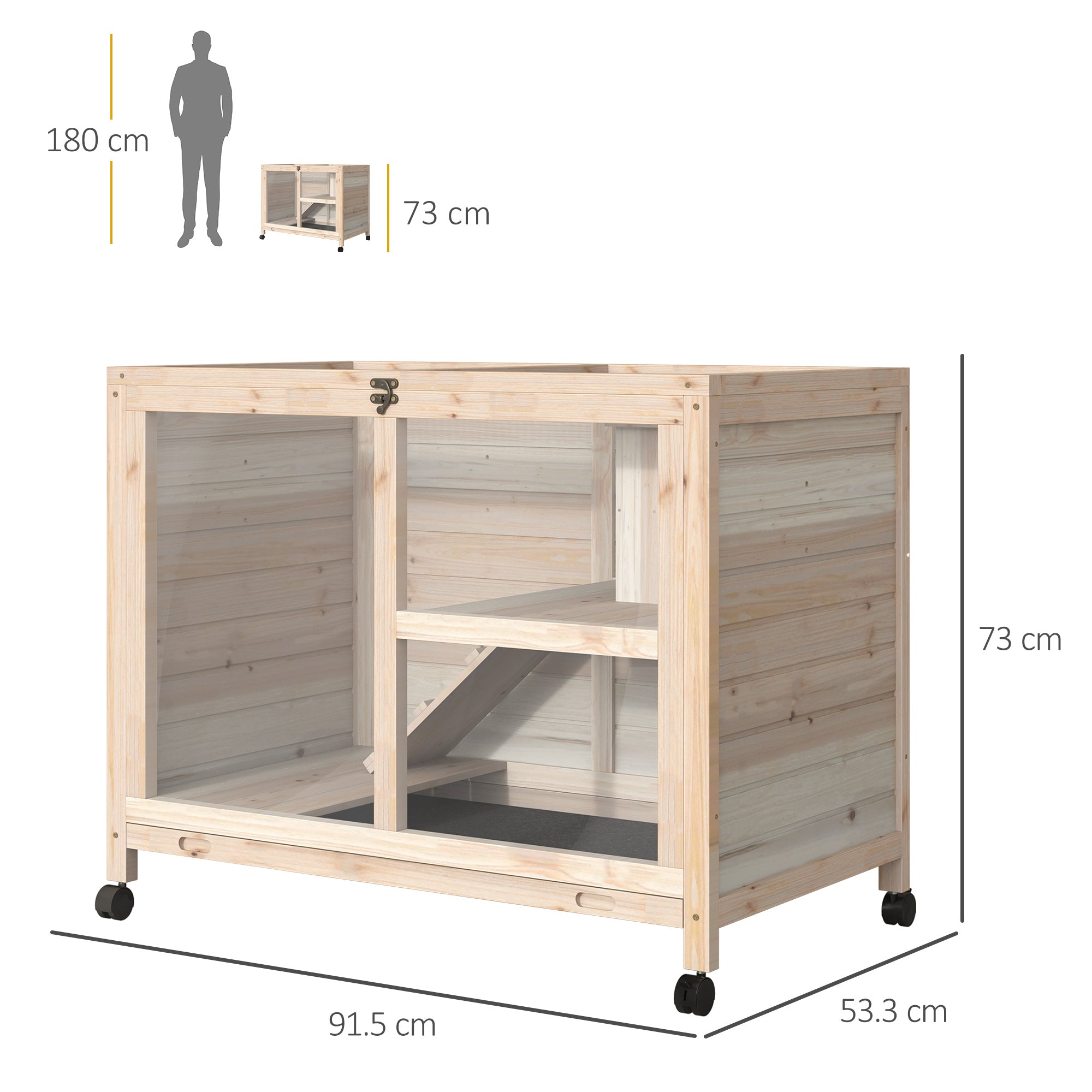 Wooden Rabbit Hutch Guinea Pigs House Bunny Small Animal Cage W/ Pull-out Tray Openable Roof Wheels 91.5 x 53.3 x 73 cm