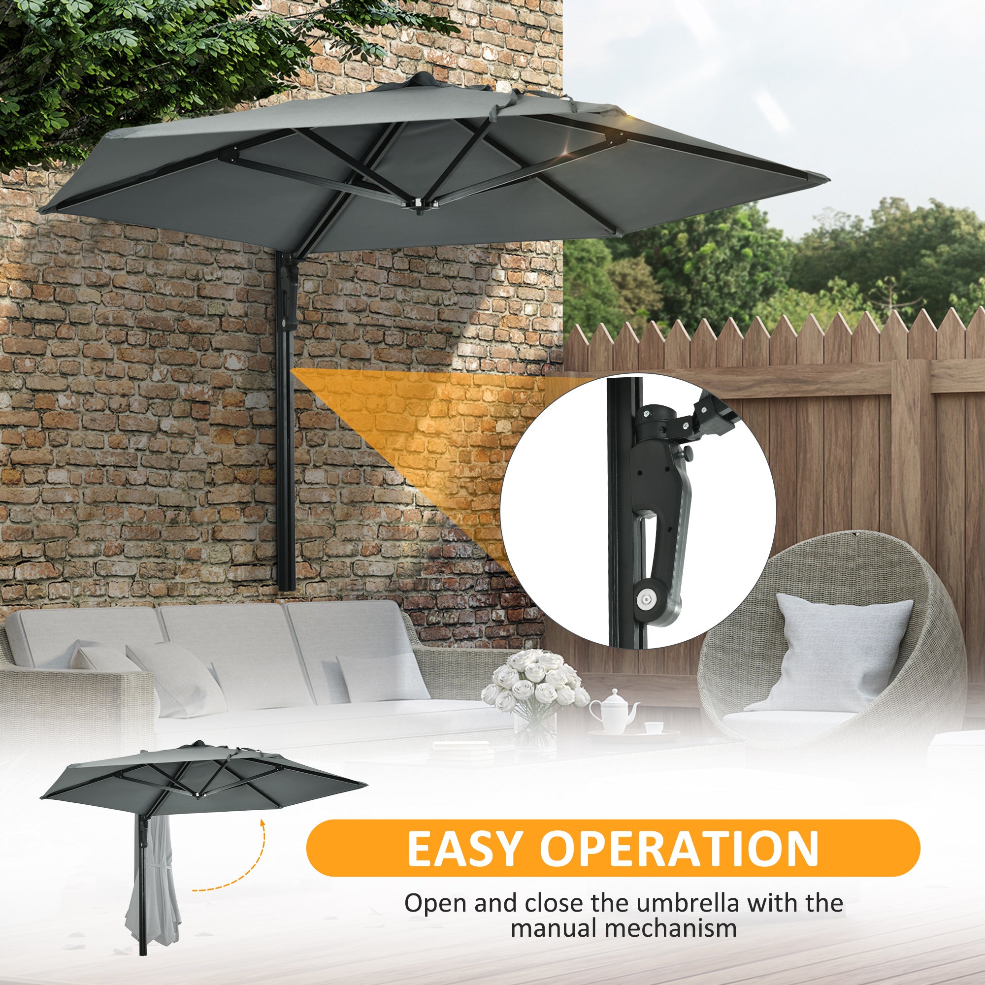 Wall Mounted Outdoor Parasol with 180 Degree Rotatable Canopy Grey