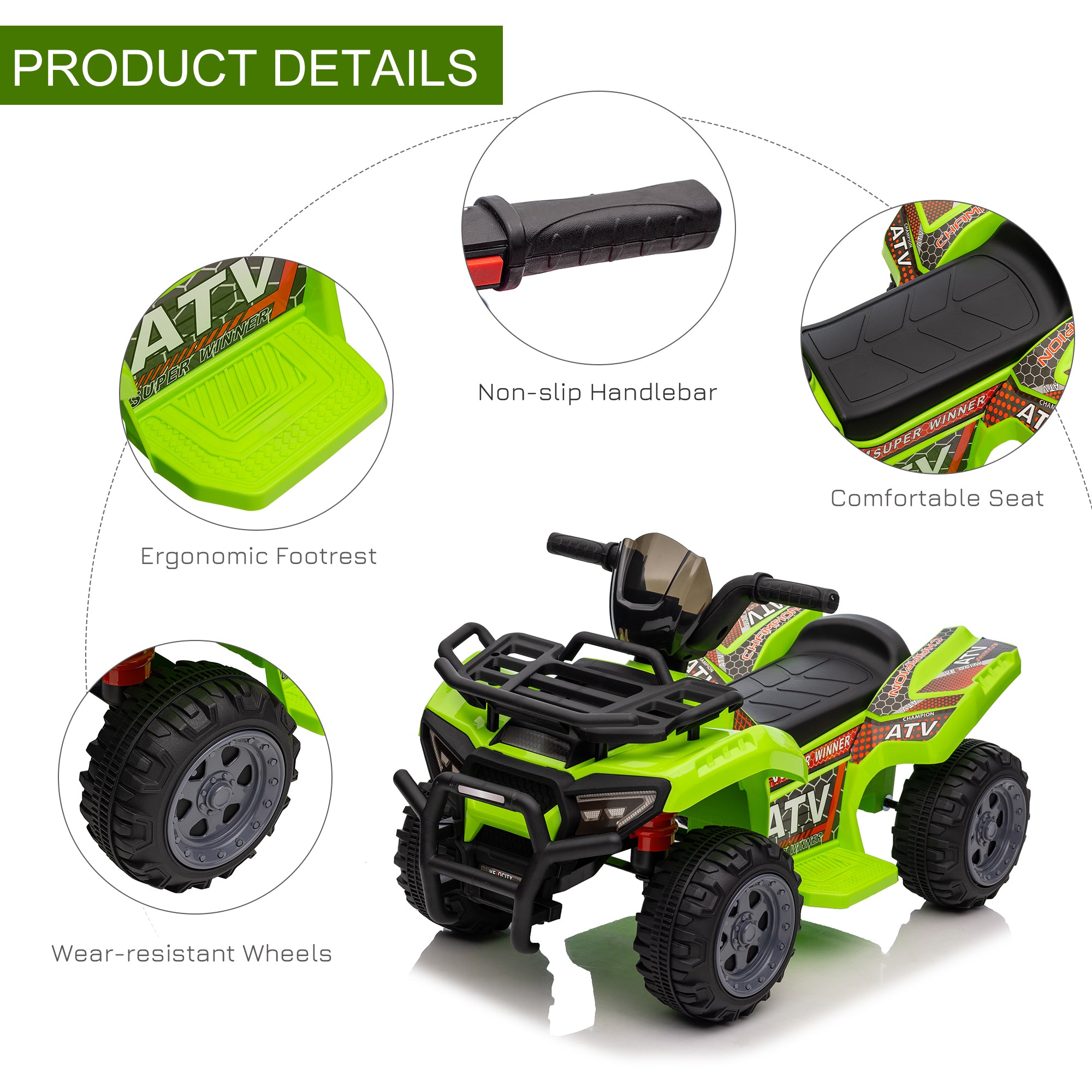 Kids Ride-on Four Wheeler ATV Car with Real Working Headlights, 6V Battery Powered Motorcycle for 18-36 Months, Green