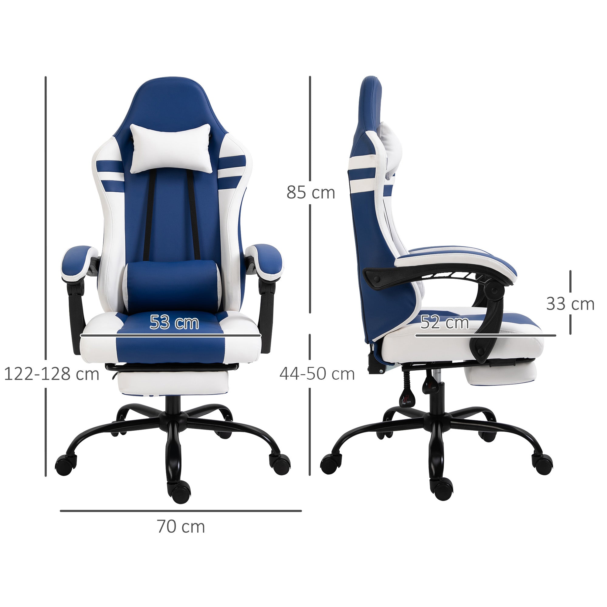 PU Leather Gaming Chair w/ Headrest, Footrest, Wheels, Adjustable Height, Racing Gamer Recliner, Blue White