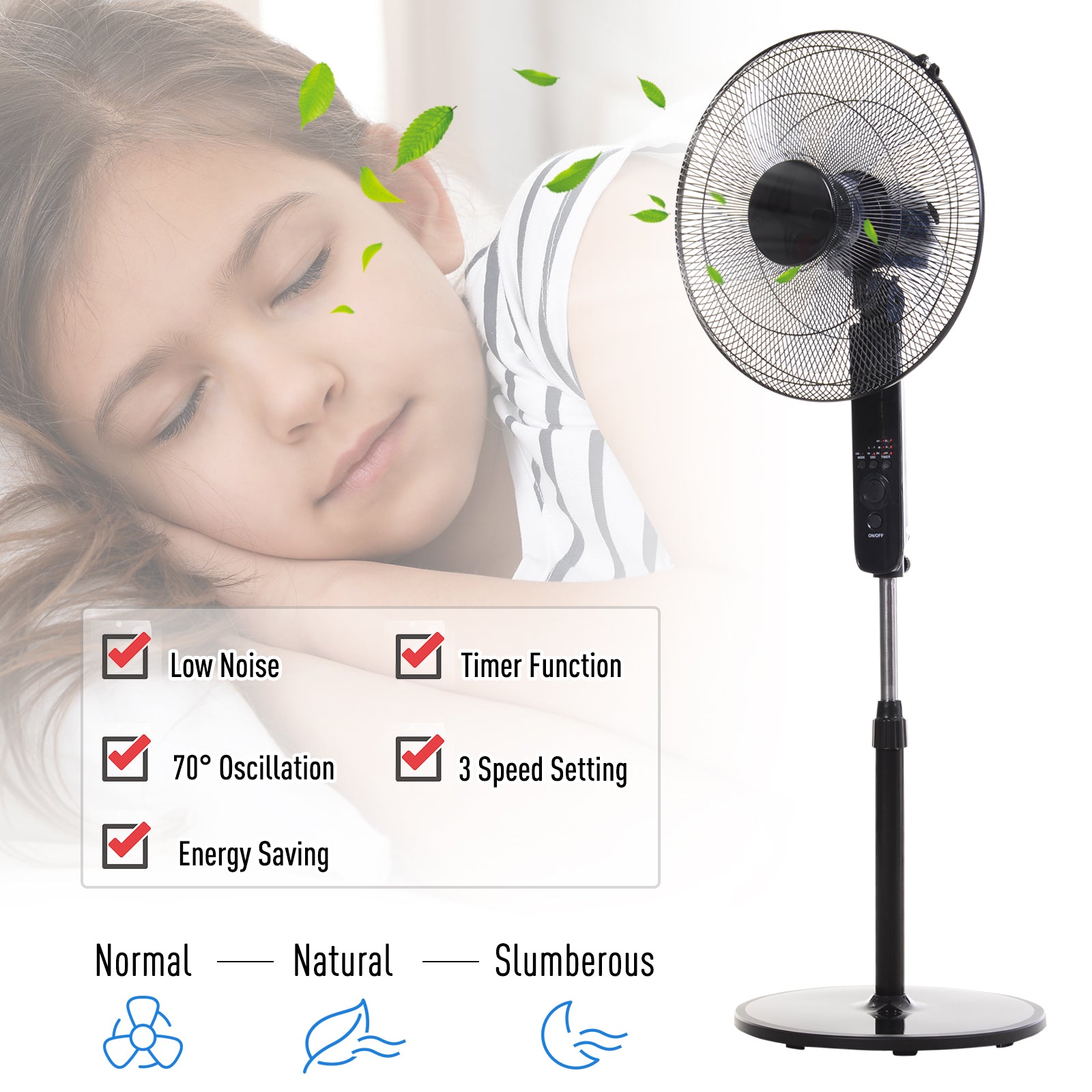 Oscillating Floor Fan W/ Remote Control-Standing Cooling Machine Indoor Air Refresher w/ Adjustable Height, Speed Mode, 7.5-Hour Timer Black