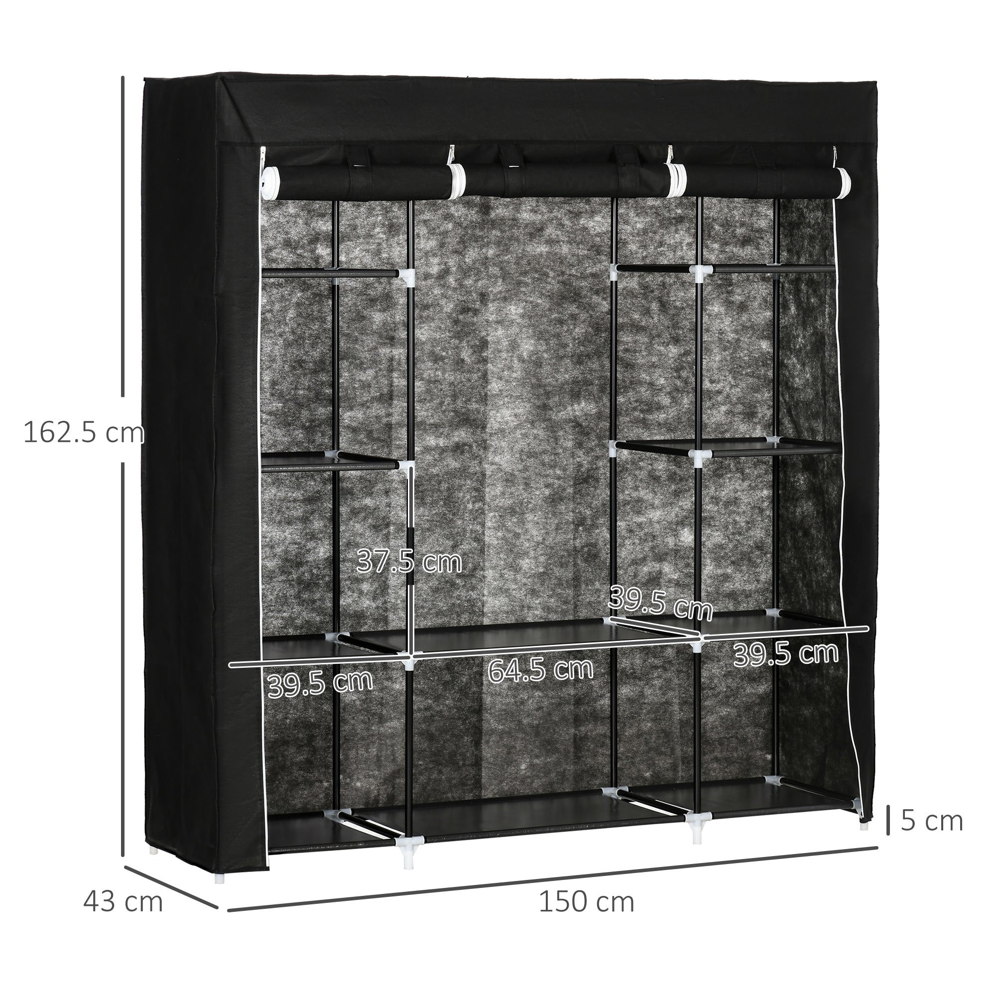 Fabric Wardrobe, Portable Wardrobe with 10 Shelves, 1 Hanging Rail, Foldable Closets, 150 x 43 x 162.5 cm, Black