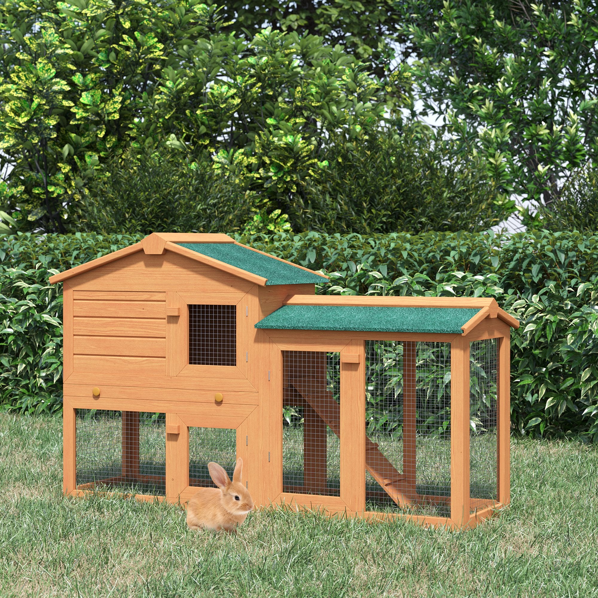 Rabbit 2 Tier Fir Wood Small Animal Hutch w/ Ramp Brown