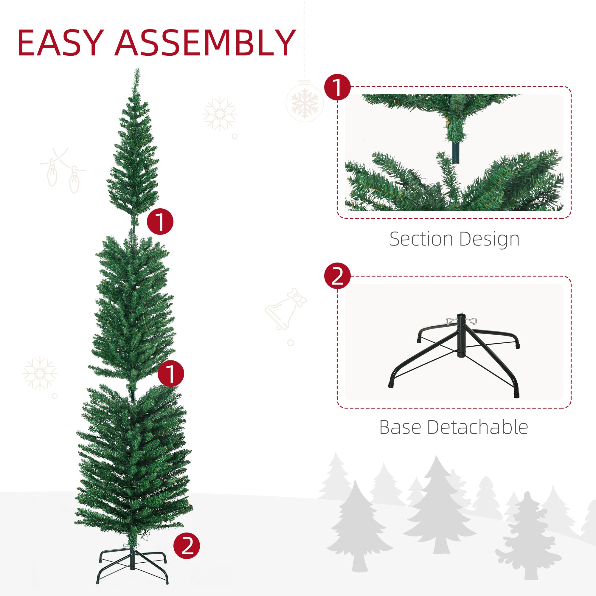 7.5' Artificial Prelit Christmas Trees Holiday Décor with Colourful LED Lights, Pencil Shape, Steel Base