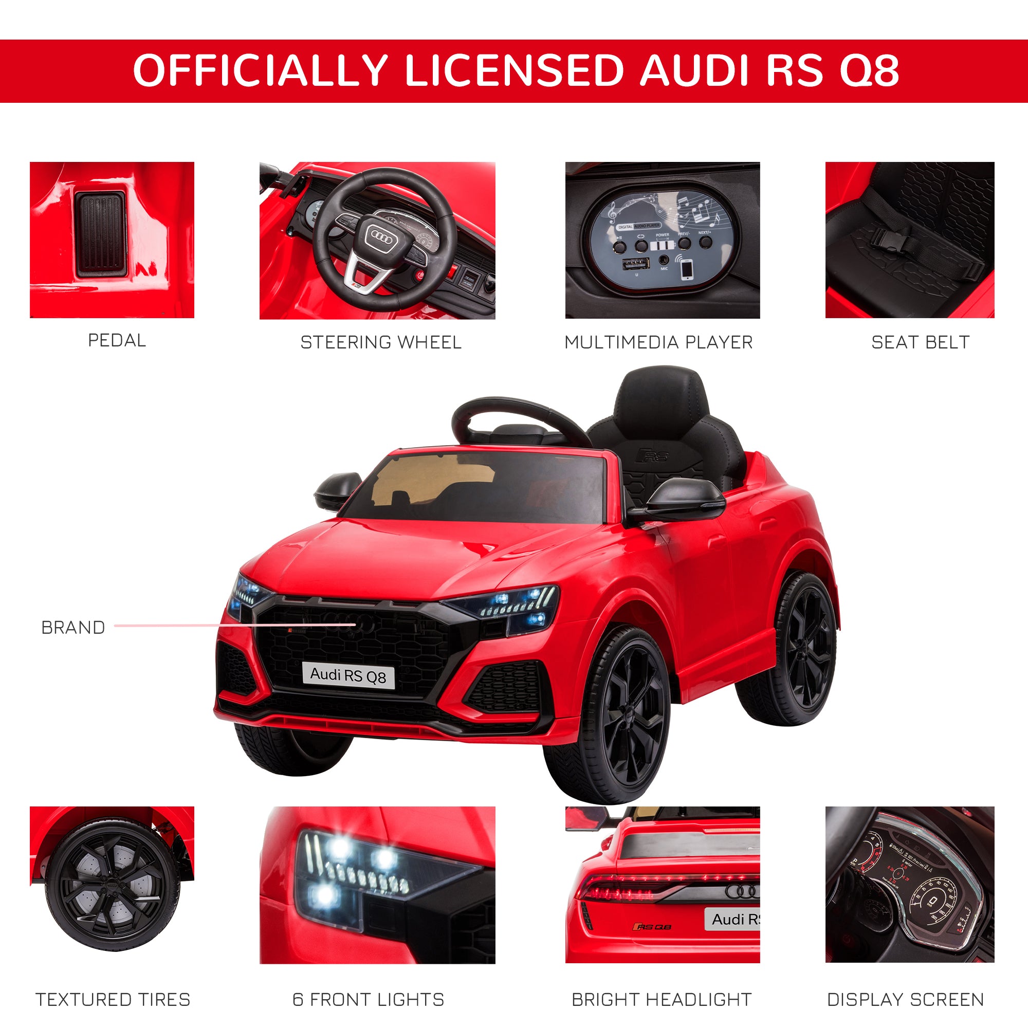 Audi RS Q8 6V Kids Electric Ride On Car, Kids Electric Toy with Parental Remote Control Music Lights USB MP3, Red