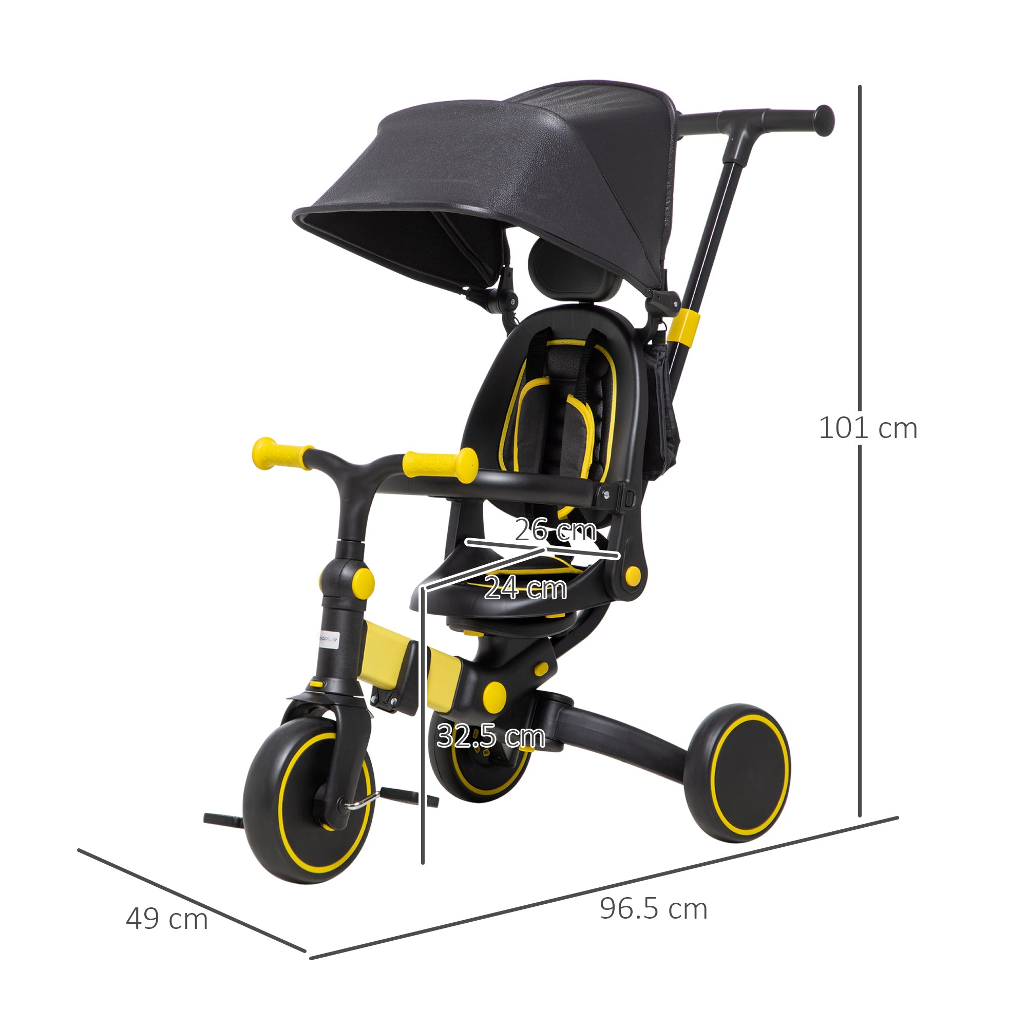 3-in-1 Tricycle for Kids with Aluminium Frame, Baby Trike with Adjustable Push Handle, Canopy and Seat Angle for 18-48 Months, Yellow