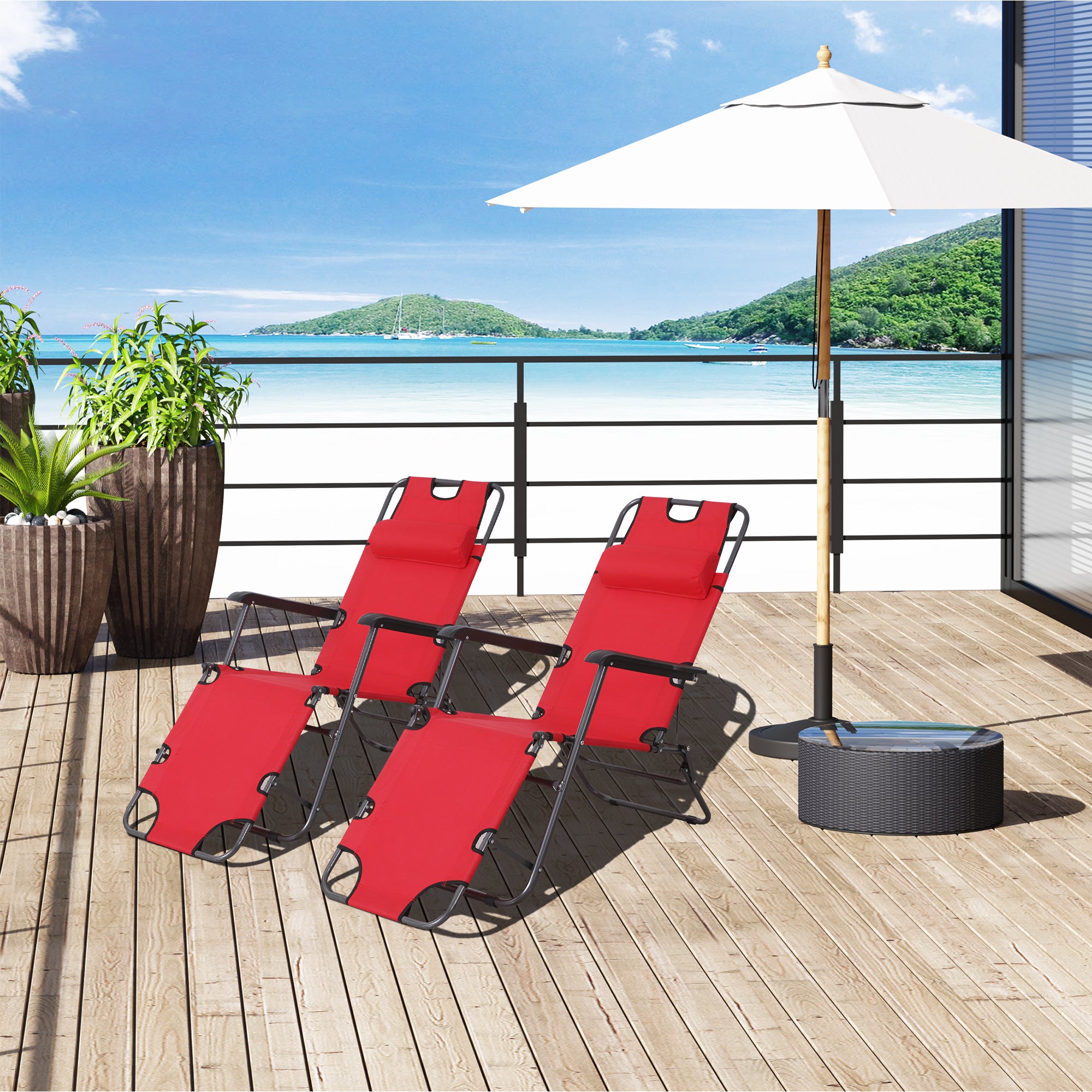 2 Pieces Foldable Sun Loungers with Adjustable Back, Outdoor Reclining Garden Chairs with Pillow and Armrests, Red