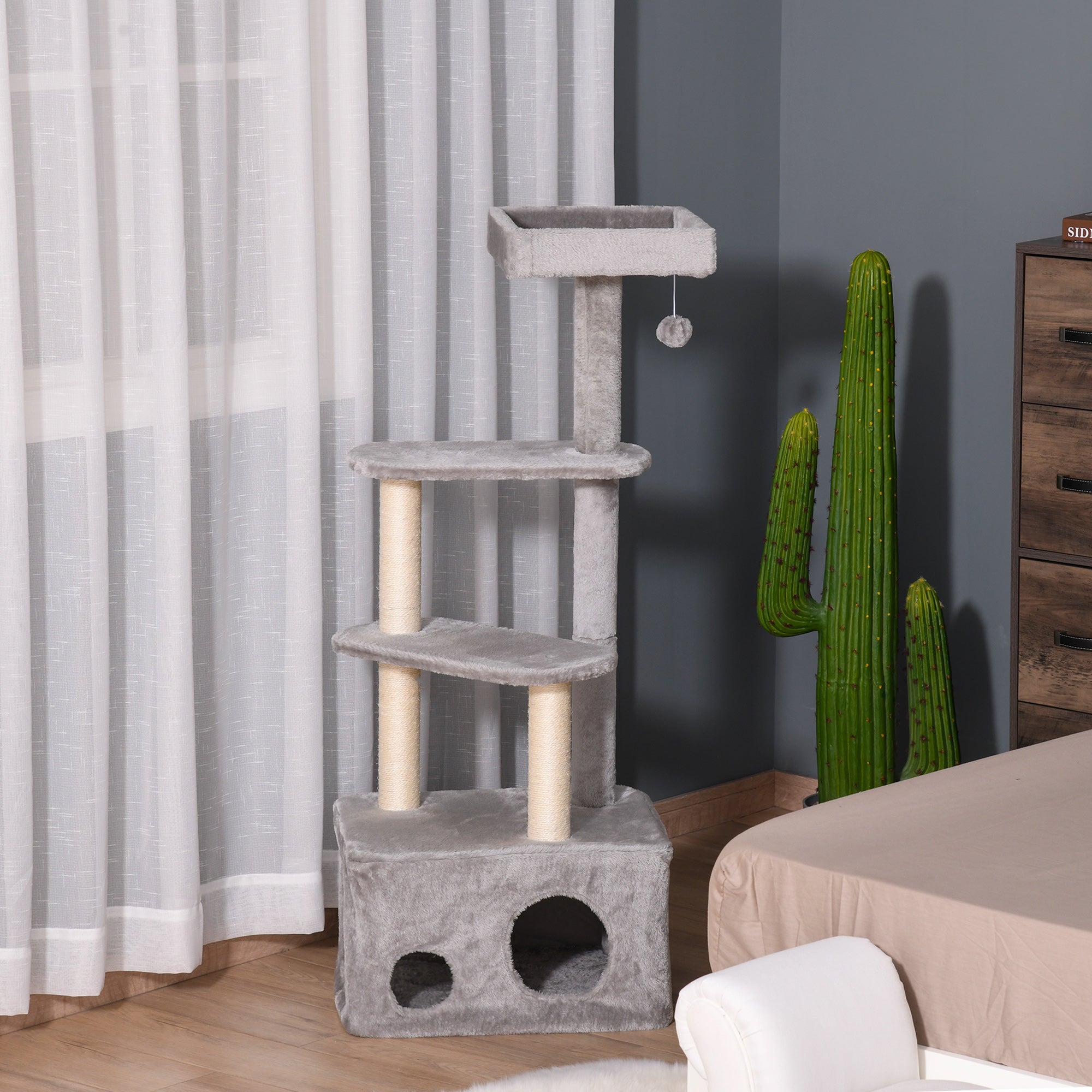 Cat Tree Kitten Tower 4-level Activity Centre Pet Furniture with Sisal Scratching Post Condo Plush Perches Hanging Ball Toys Grey