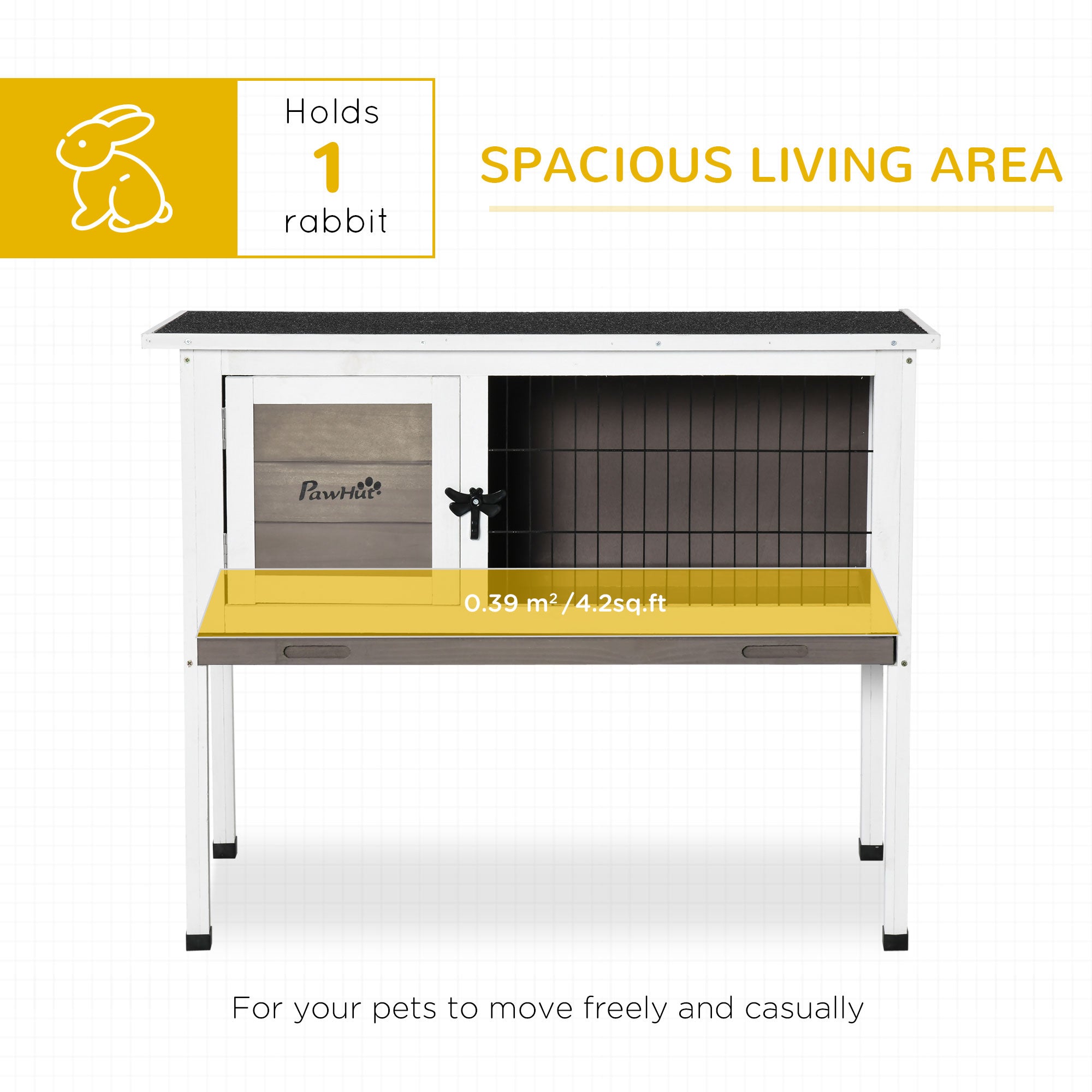 Elevated Wooden Rabbit Hutch, Indoor/Outdoor Bunny Cage with Hinged Asphalt Roof and Removable Tray for Guinea Pig, Brown