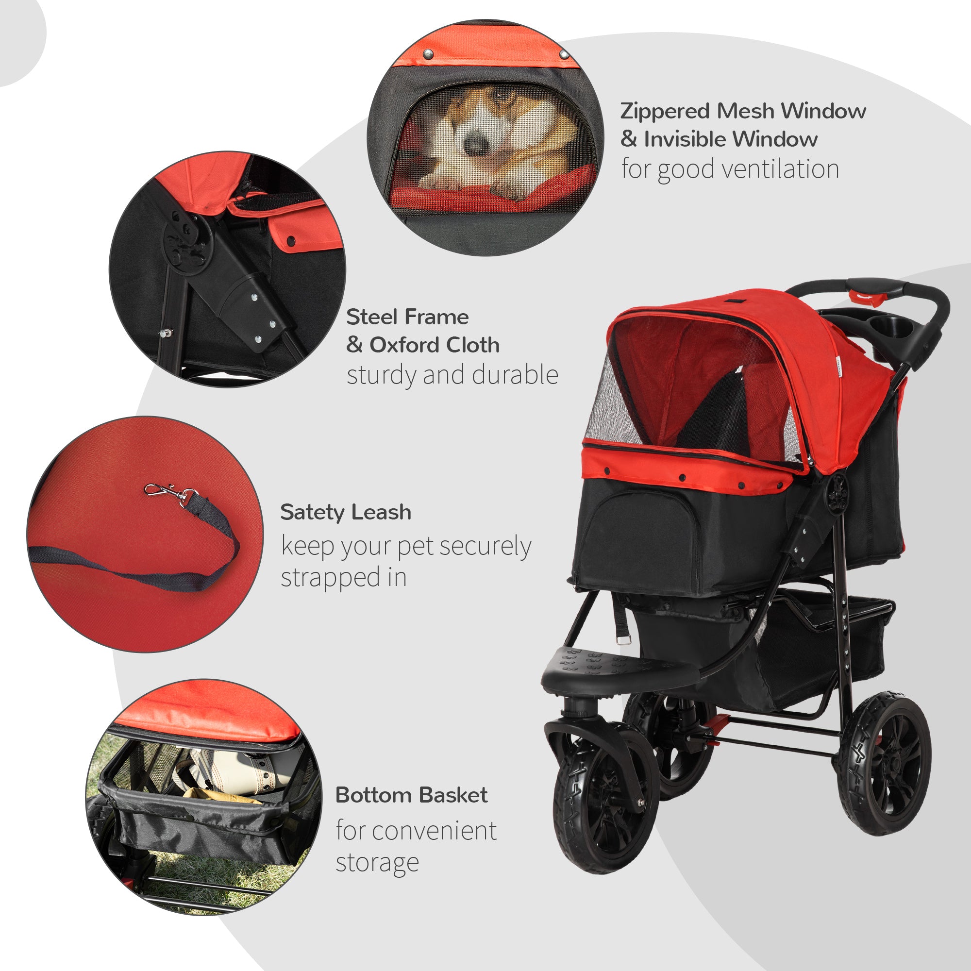 Oxford Cloth Folding 3-Wheel Pet Stroller Dog Trolley Red/Black