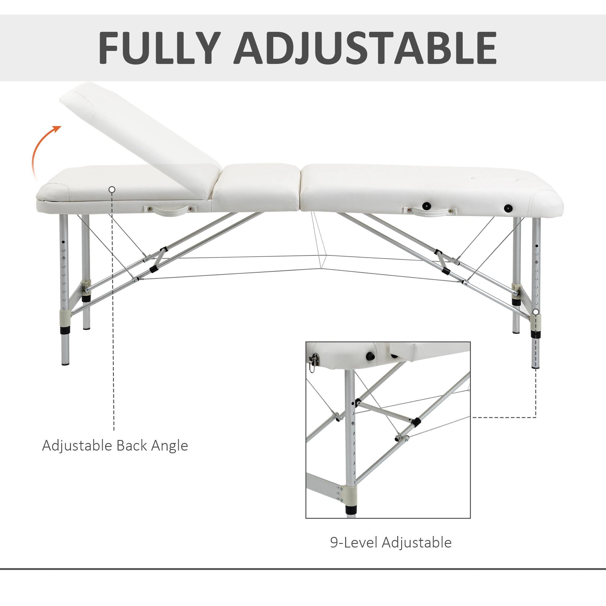 Folding PVC Leather Massage Table Aluminium Frame w/ Headrest Armrests Padding Handle Carry Bag Adjustable Height 3-Way Tri-Fold White