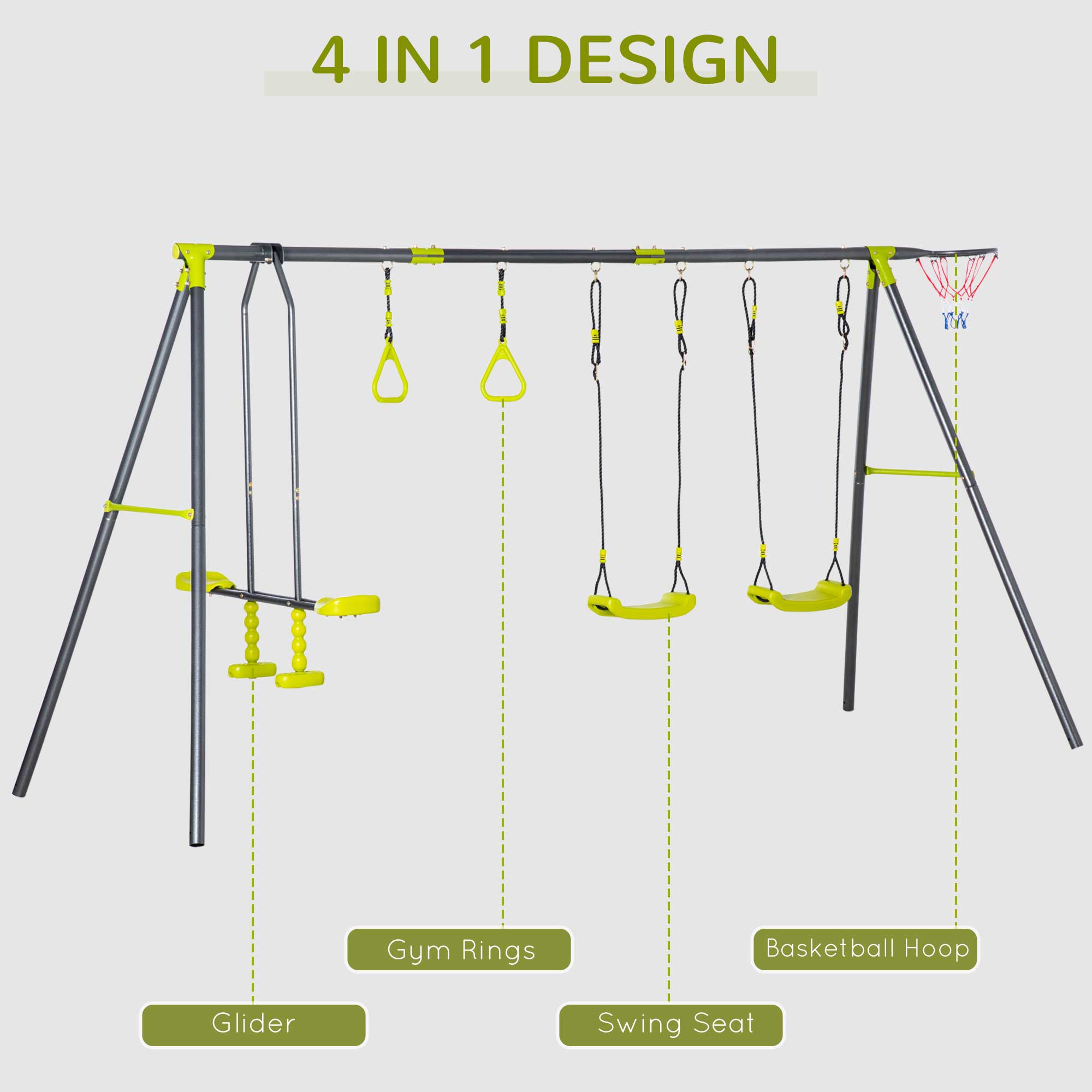 Kids Swing Set for Backyard, Outdoor Play Equipment, w/ Adjustable Swing Seats, Seesaw, Basket Hoop, A-Frame Metal Stand for Ages 3-10 Years