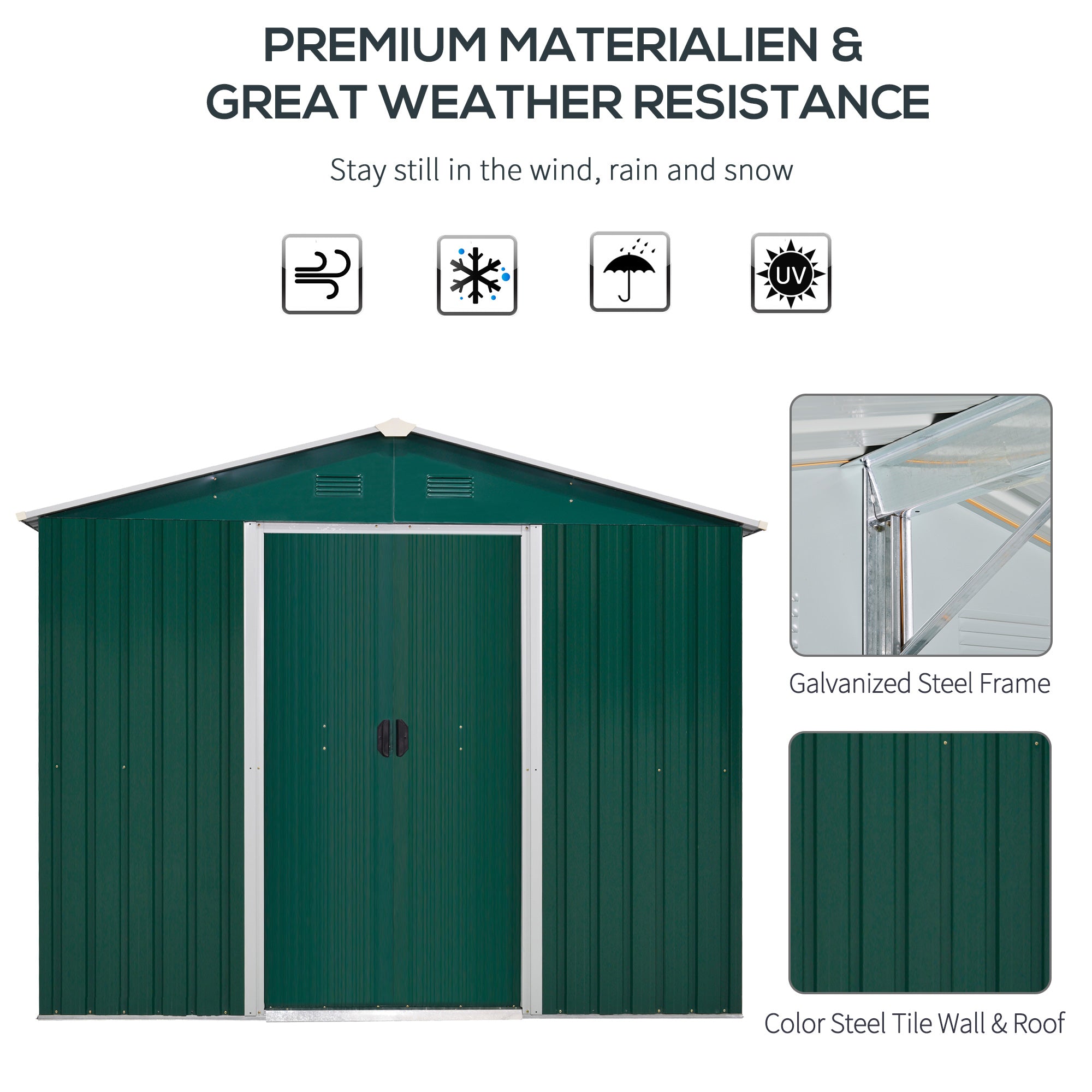 8 x 6 ft Metal Garden Storage Shed Corrugated Steel Roofed Tool Box with Ventilation and Sliding Doors, Green