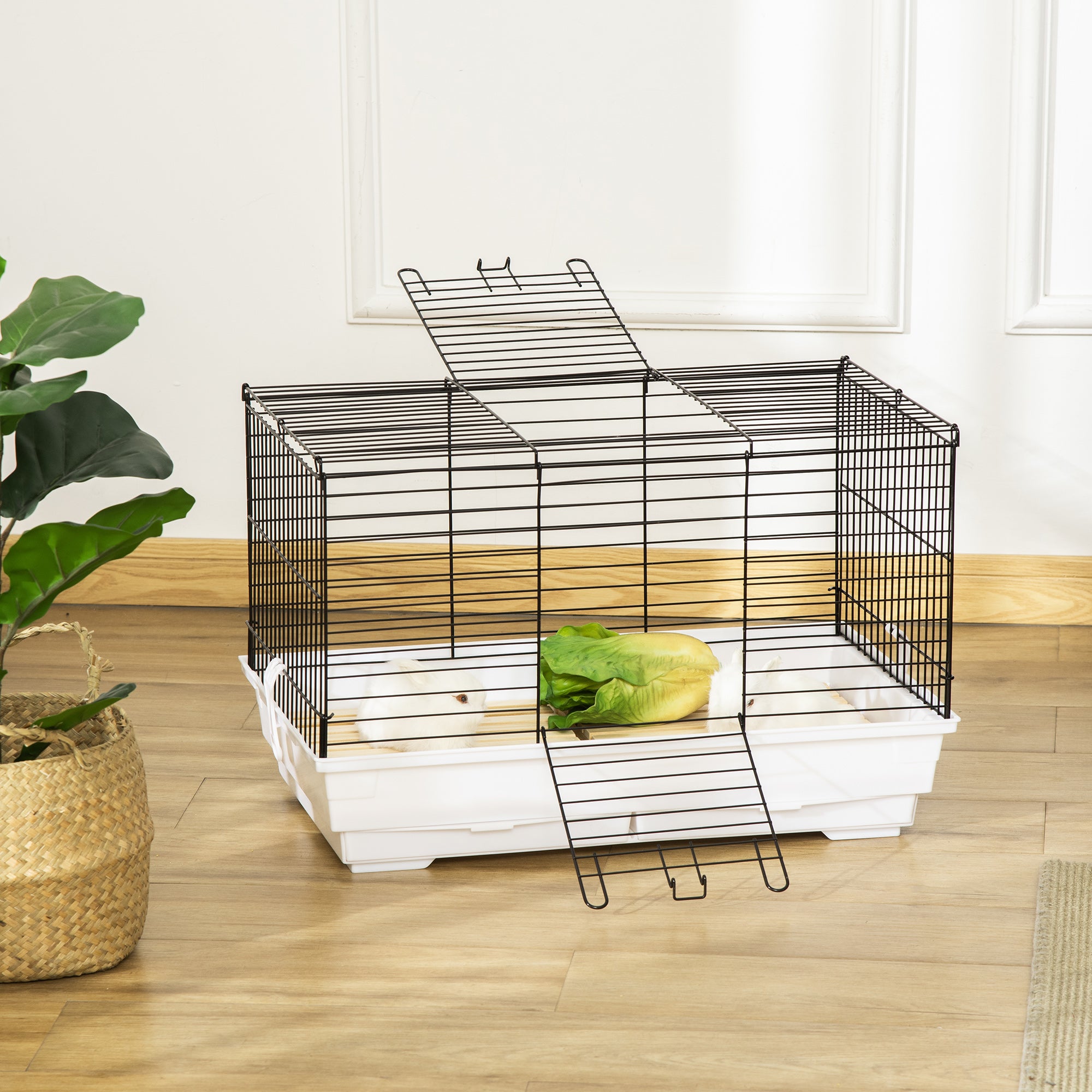 Indoor Small Animal Cage with Wood Floor, Bunny Guinea Pig House with Removable Tray, 61.5 x 38 x 40 cm, White