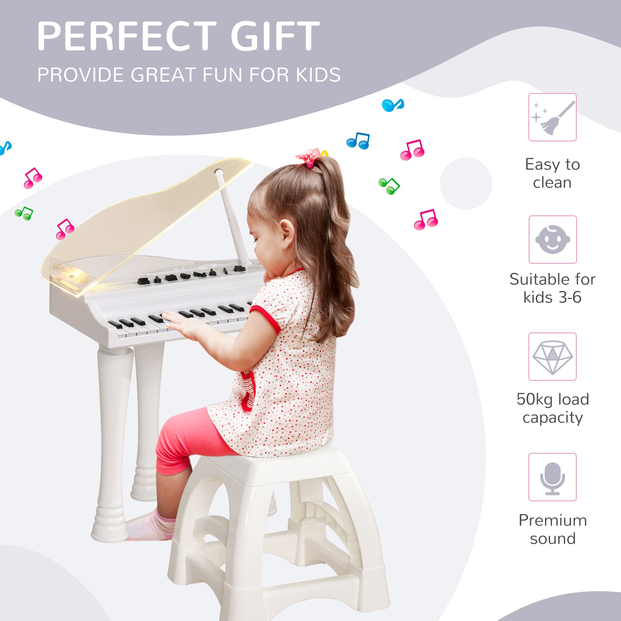 32 Keys Kids Piano Keyboard w/ Stool, Lights, Microphone, Multiple Sounds, Removable Legs, Electronic Musical Instrument, White