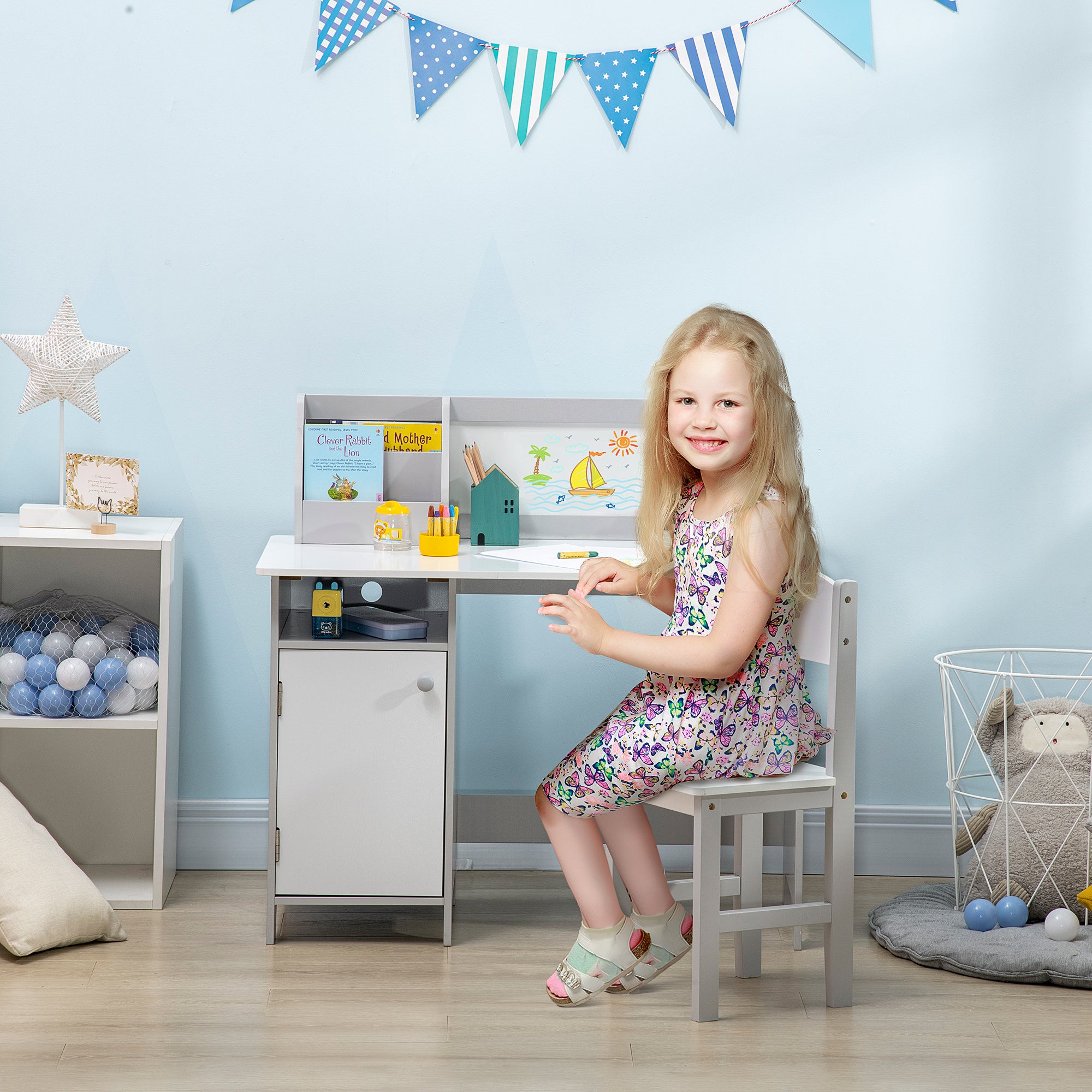 Kids Table and Chair Set w/ Whiteboard, 2 Pieces Children Table, Chair Set, Multi-usage Toddler Furniture, for Arts & Crafts Snack Time, Grey