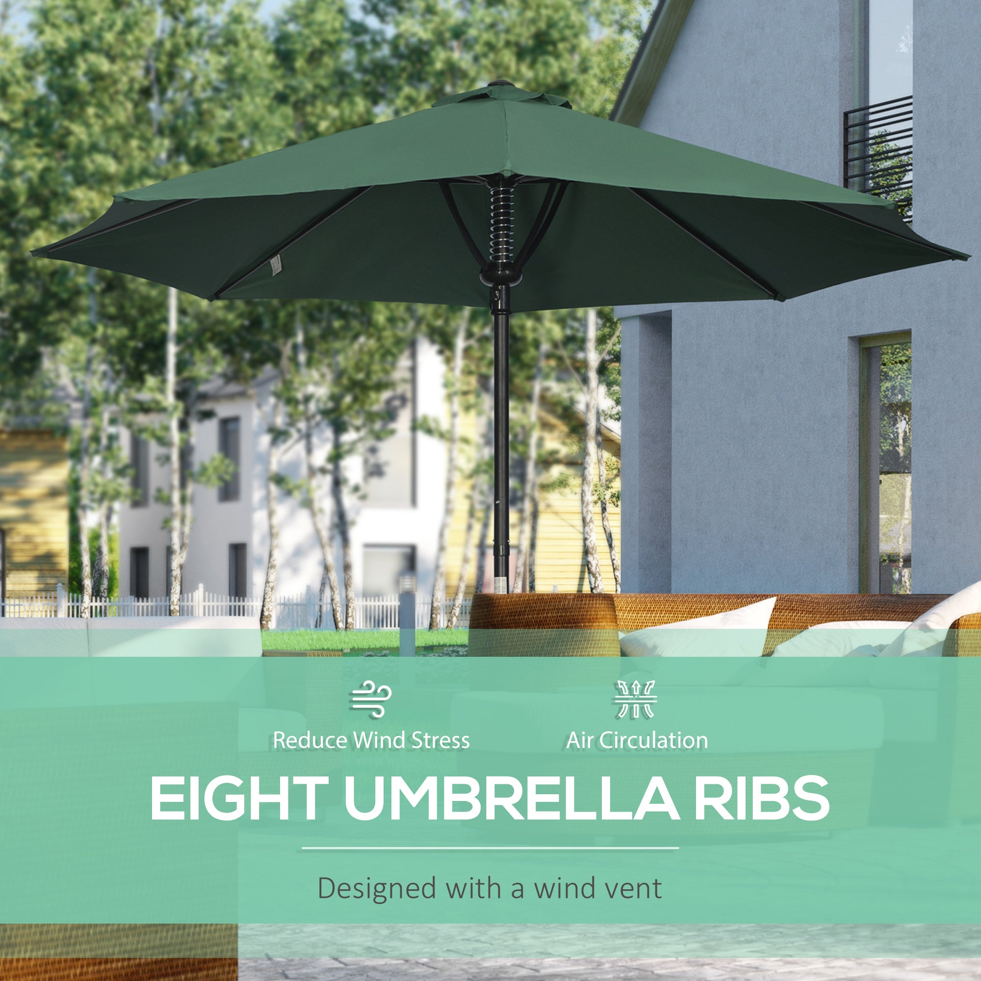 Garden Parasol Umbrella with 8 Ribs and Ventilated Canopy - Green
