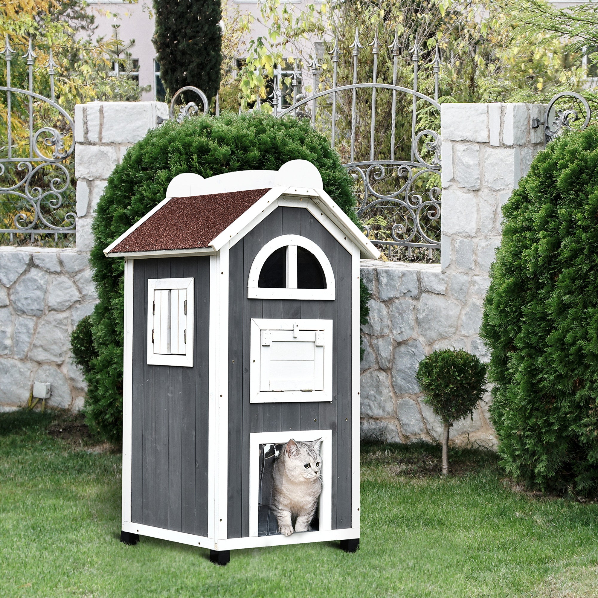 Wooden Cat House, Weatherproof Pet Shelter, Outdoor Cat Condos Cave, 2 Floor Furniture, Grey and White