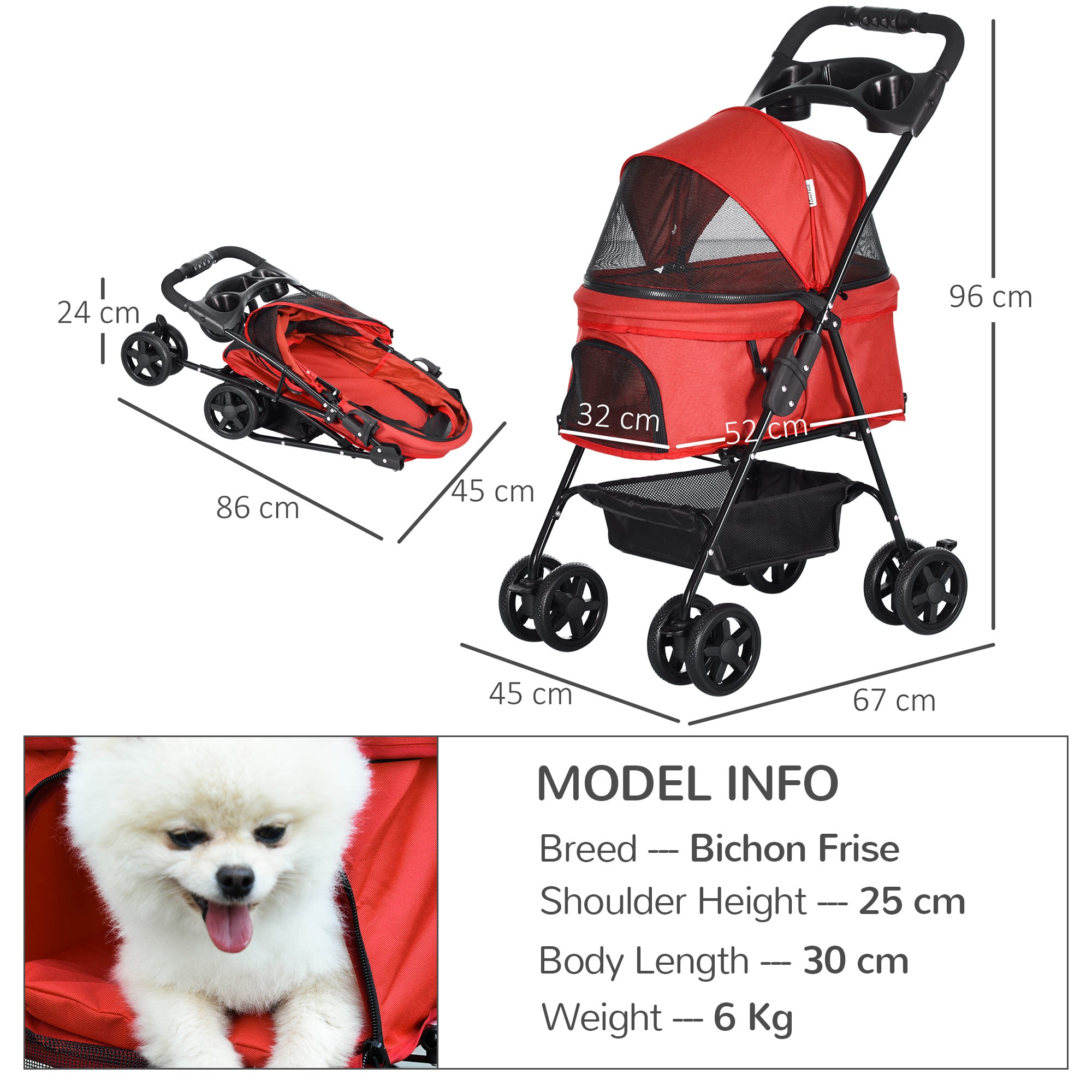 Pet Stroller No-Zip Dog Cat Travel Pushchair Fold Trolley Jogger with EVA Wheels Brake Basket Adjustable Canopy Safety Leash Red