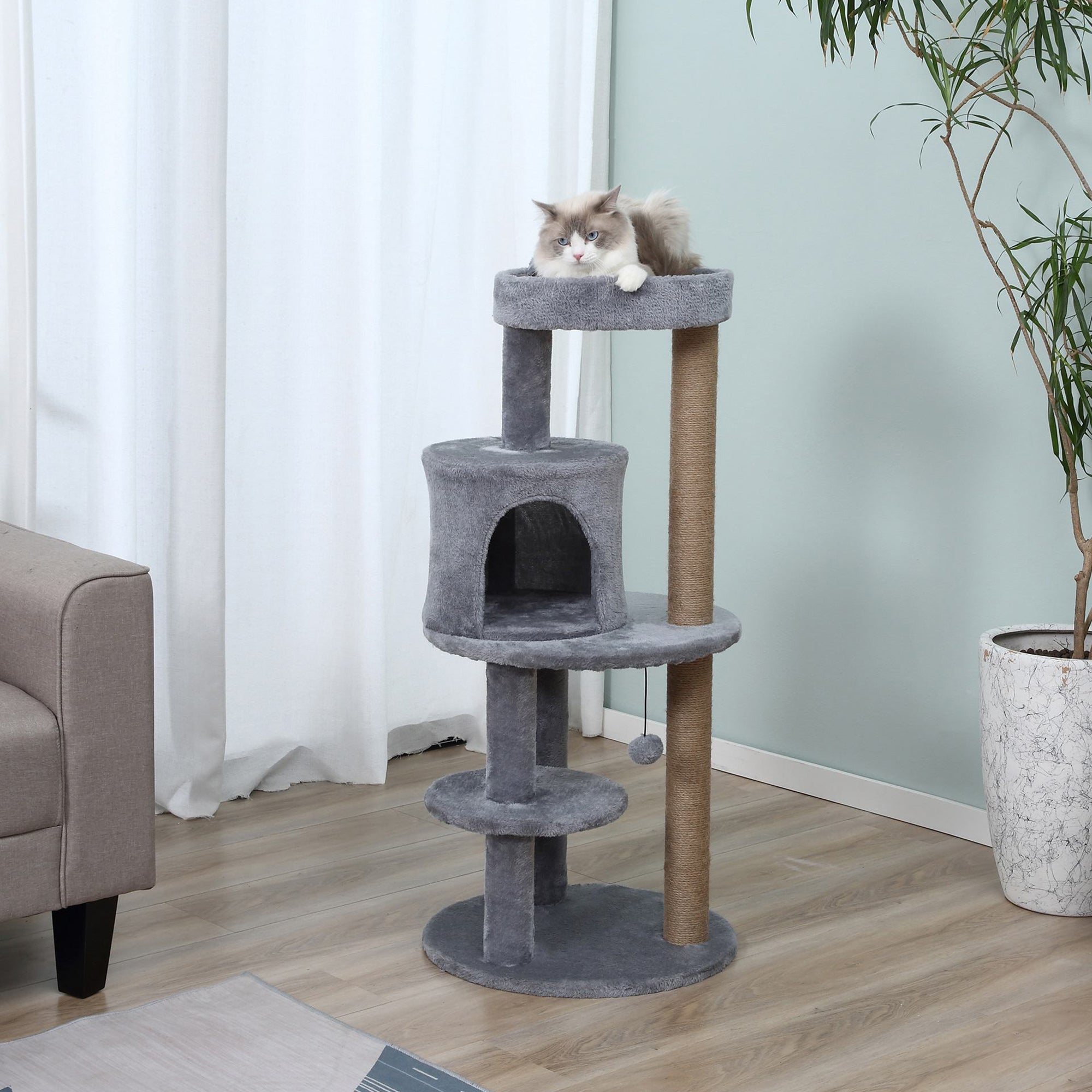 3-Tier 104 cm Cat Tree, Cat Condo Tree Tower, Deluxe Cat Activity Tree w/ Scratching Posts Play Ball Plush Fun Toy Relax Climb, Grey