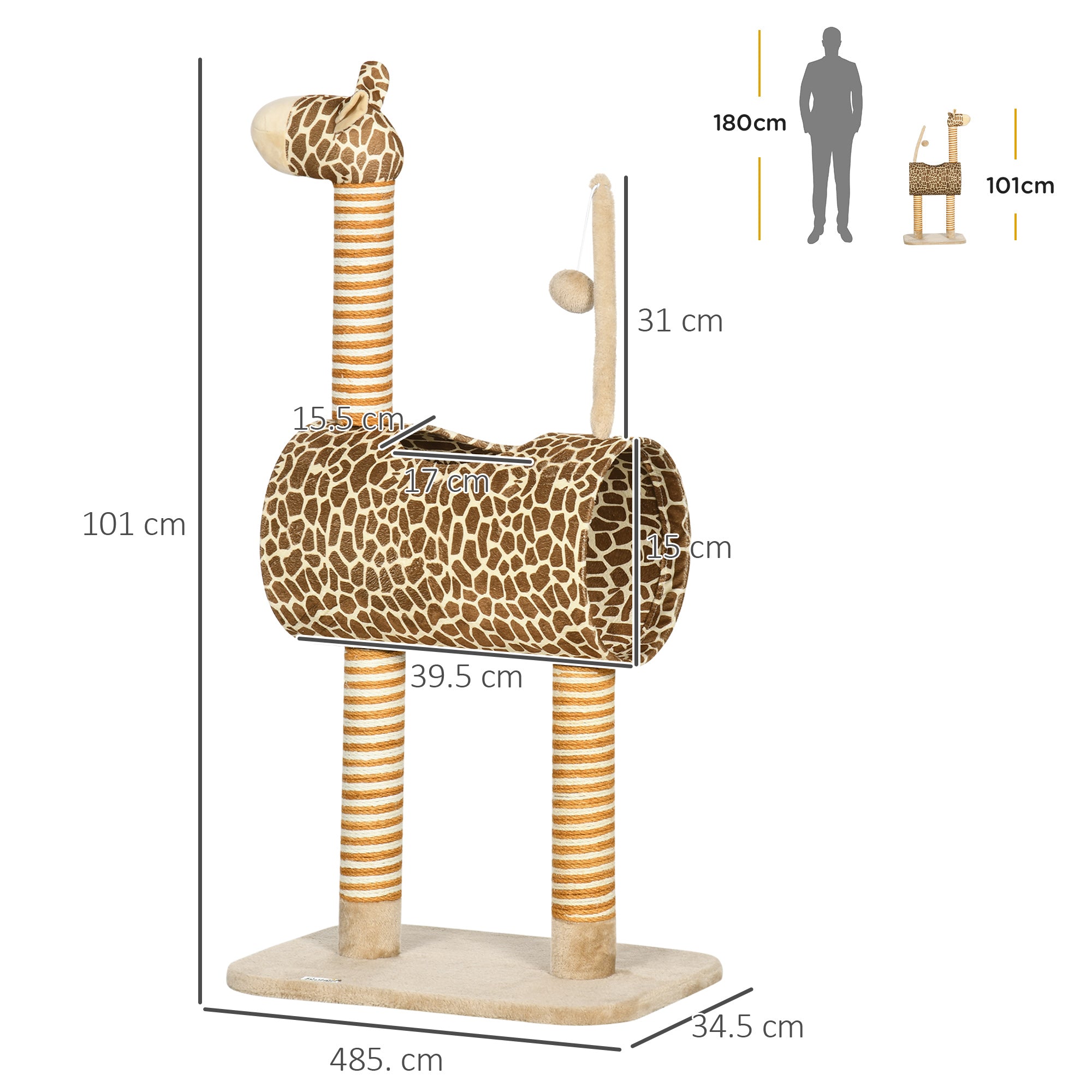 Cat Tree for Indoor Cats Cute Giraffe Kitten Play Tower with Scratching Posts Tunnel Ball Toy, 48.5 x 34.5 x 101 cm