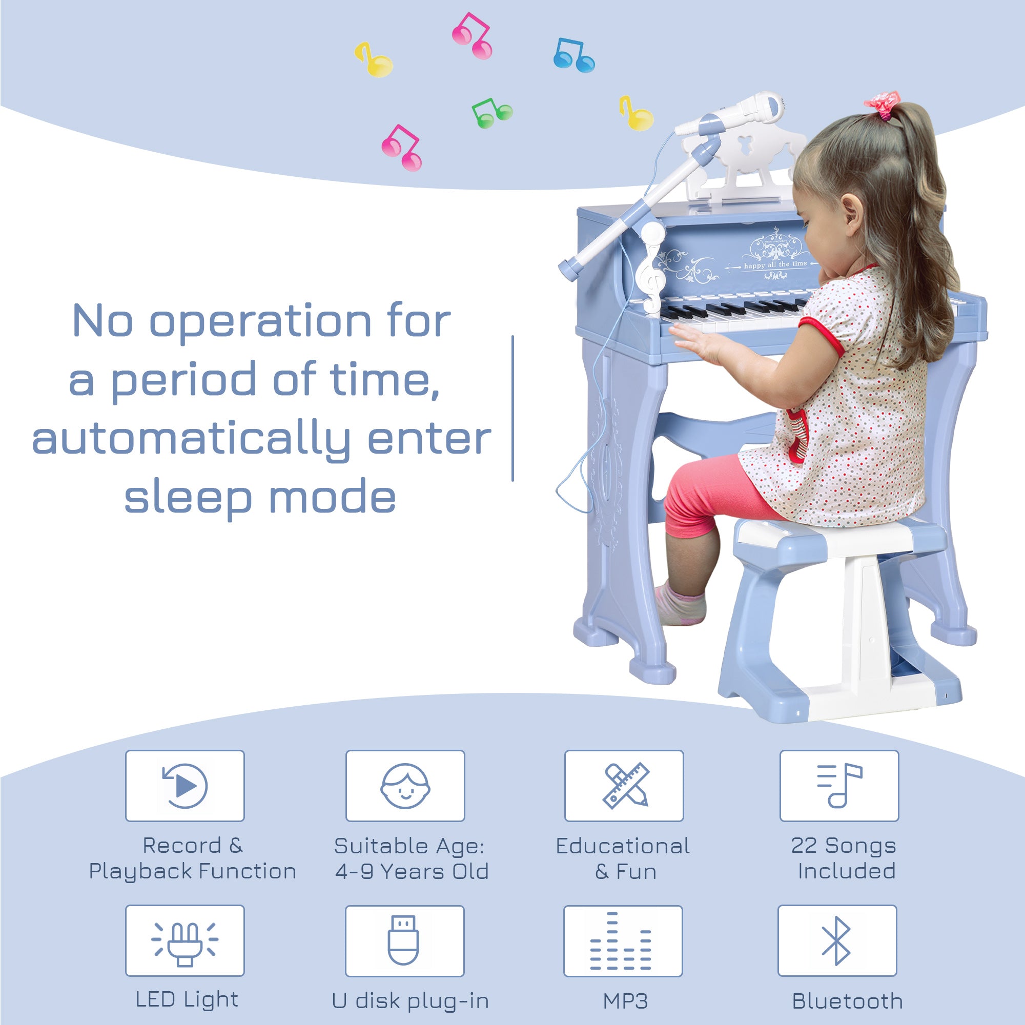 37 Keys Mini Electronic Keyboard Light Kids Musical Instrument Educational Game Children Grand Piano Toy Set w/Stool & Microphone & Music Blue