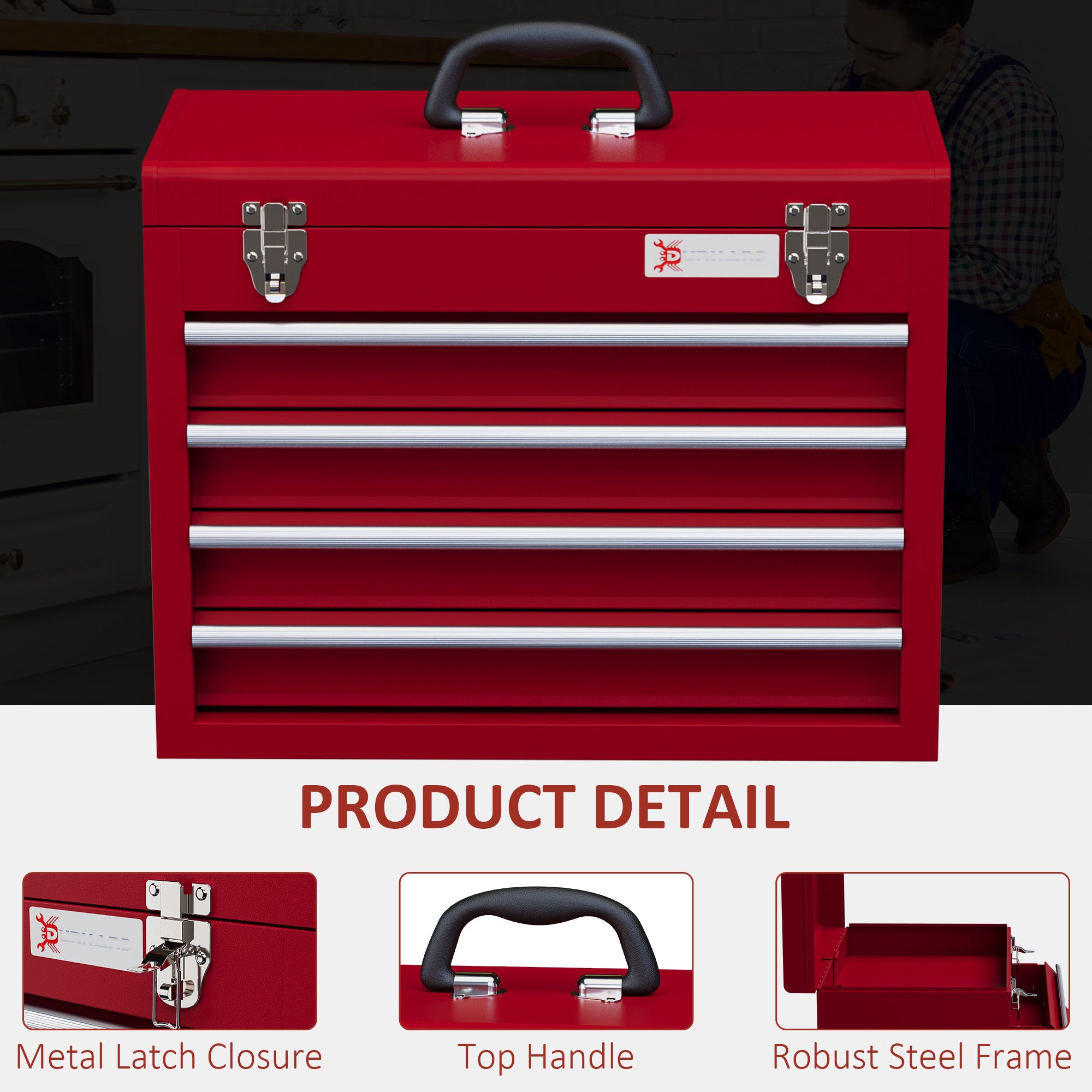 Lockable Metal Tool Chest with 4 Drawers, Ball Bearing Runners & Handle - Red