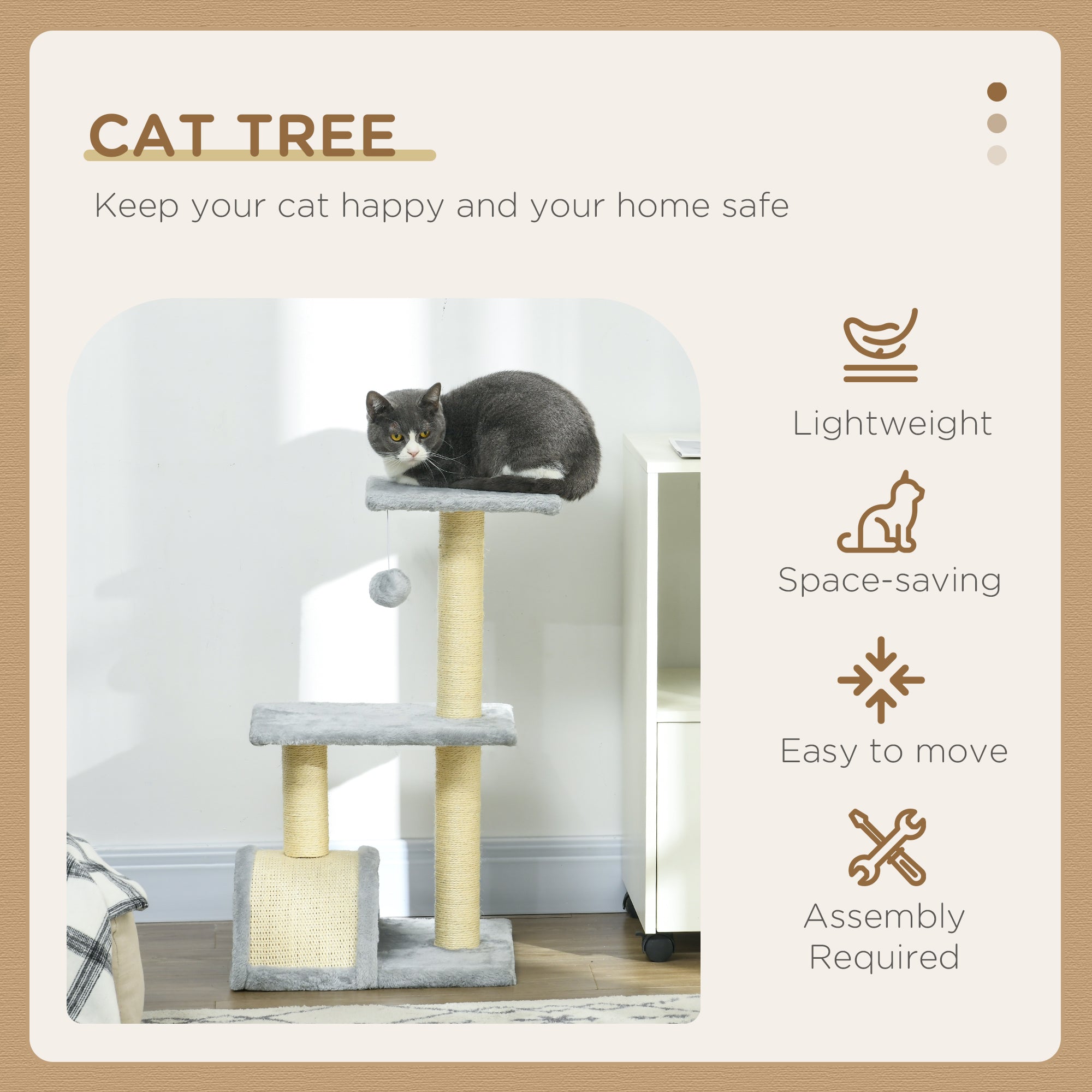 72cm Cat Tree Tower for Indoor Cats, Multi-level Climbing Activity Centre with Sisal Scratching Post, Pad, Hanging Ball, Toy, Light Grey