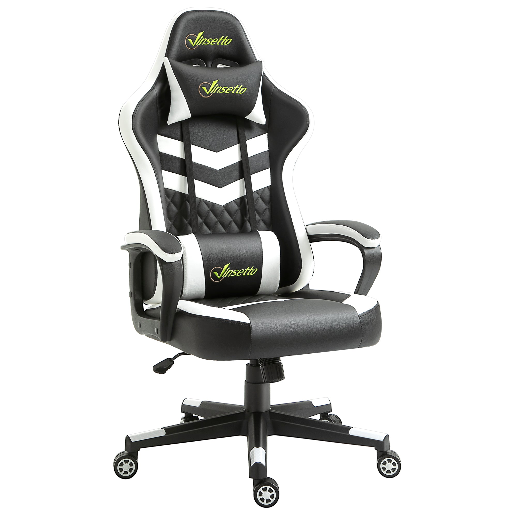 Racing Gaming Chair with Lumbar Support, Headrest, Swivel Wheel, PVC Leather Gamer Desk Chair for Home Office, Black White