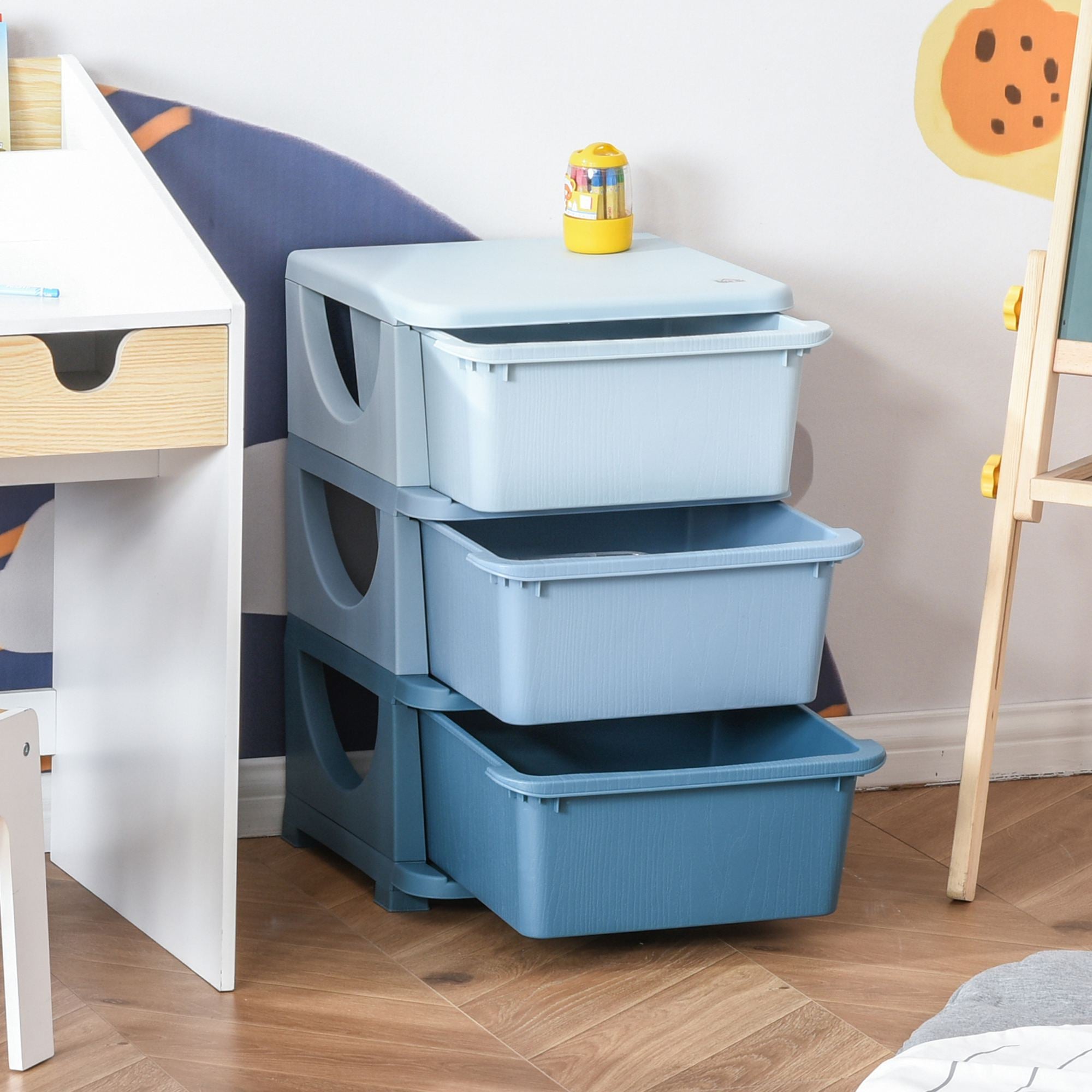 Kids Storage Units with Drawers 3 Tier Chest Vertical Dresser Tower Toy Organizer for Nursery Playroom Kindergarten Blue