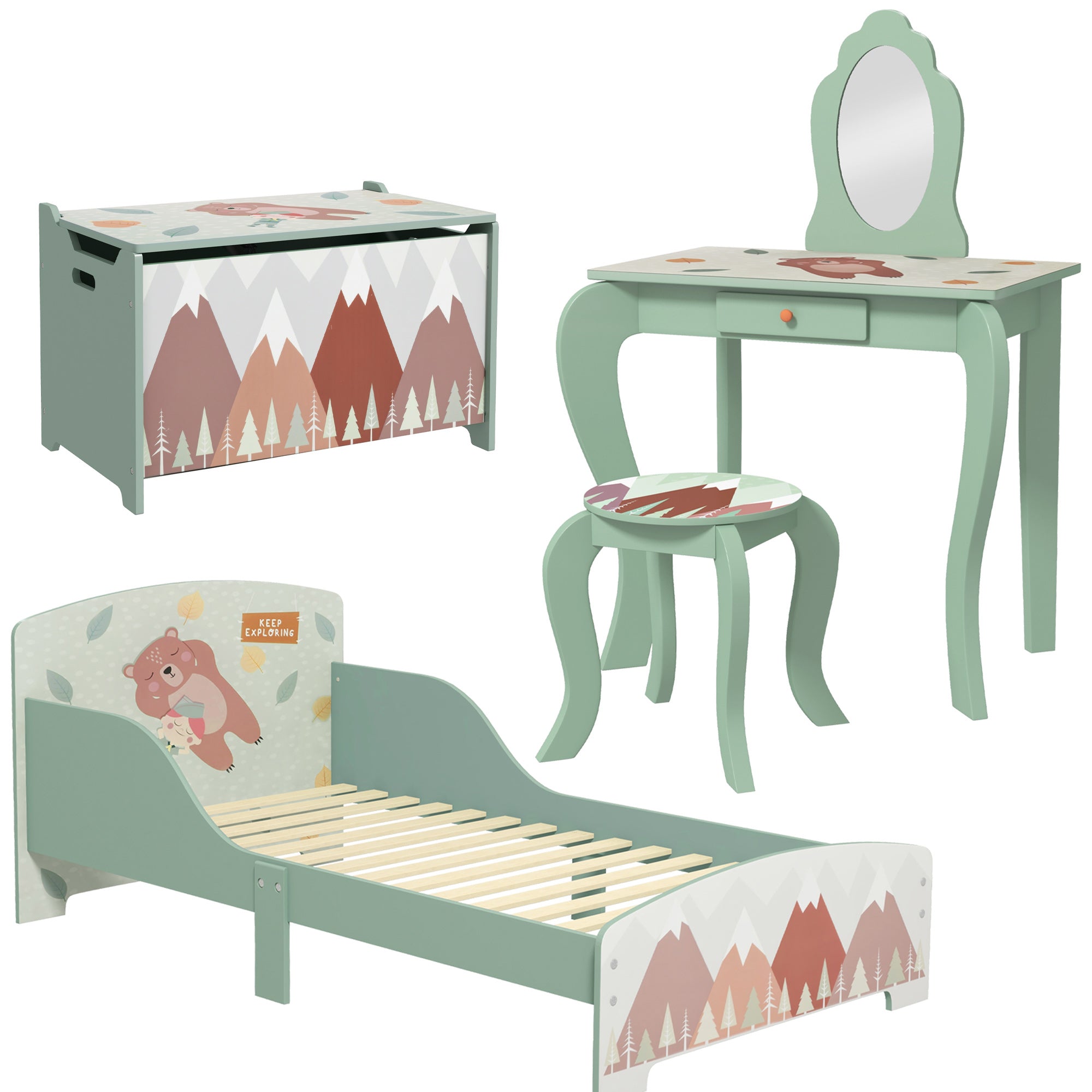 Kids Bedroom Furniture Set Includes Bed Frame, Kids Toy Chest, Dressing Table with Mirror and Stoolfor Ages 3-6 Years, Green