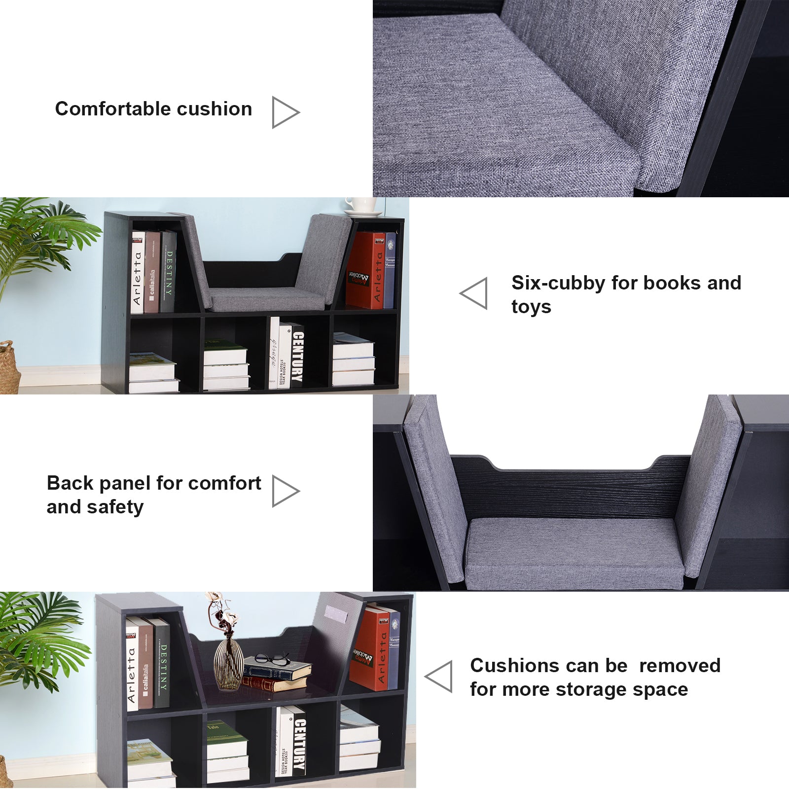 Bookcase Shelf Storage Seat with Cushion for Kids Bedroom and Living Room Organizer - Black