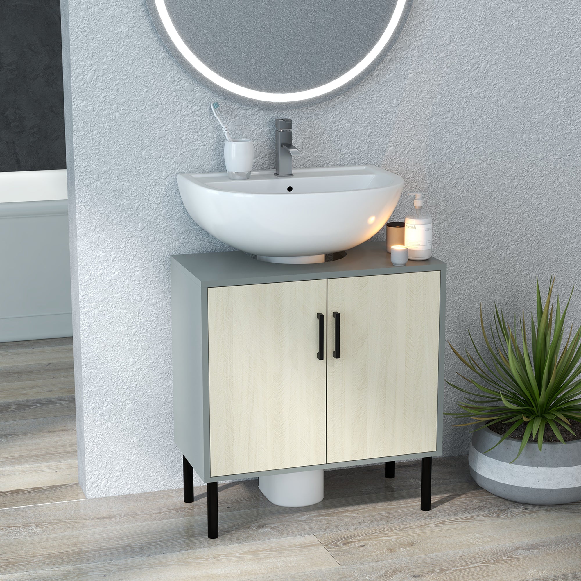 Under Sink Cabinet, Under Sink Unit Bathroom Vanity , Storage Cupboard with Double Doors, Storage Shelves, 60x30x61cm, Natural