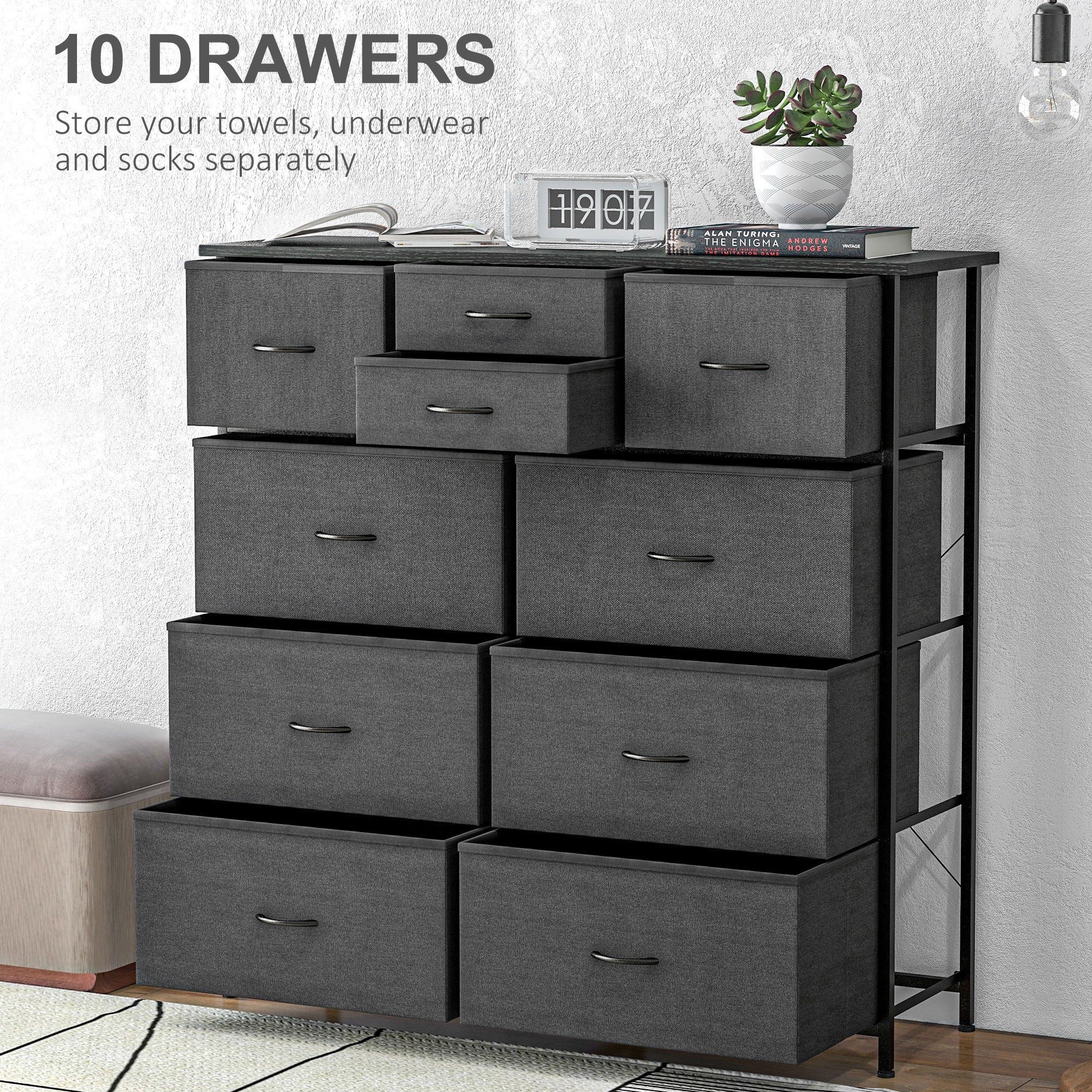 Bedroom Chest of Drawers, 10 Drawer Dresser with Foldable Fabric Drawers and Steel Frame, Black