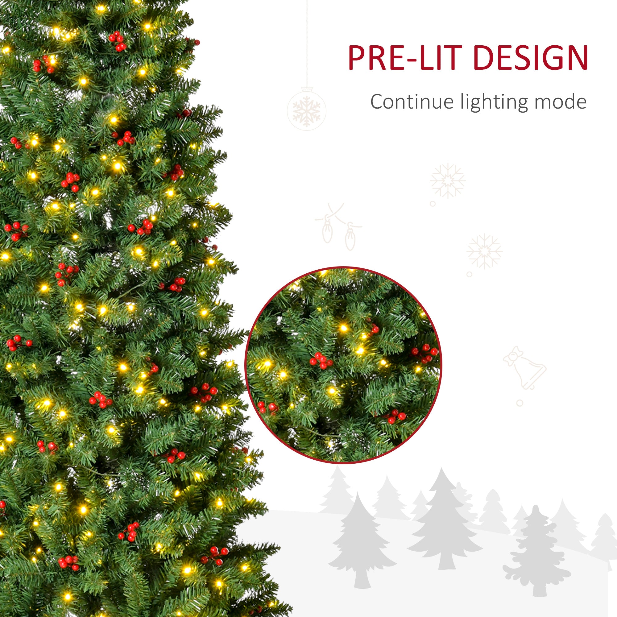 7FT Prelit Artificial Pencil Christmas Tree with Warm White LED Light, Red Berry, Holiday Home Xmas Decoration, Green