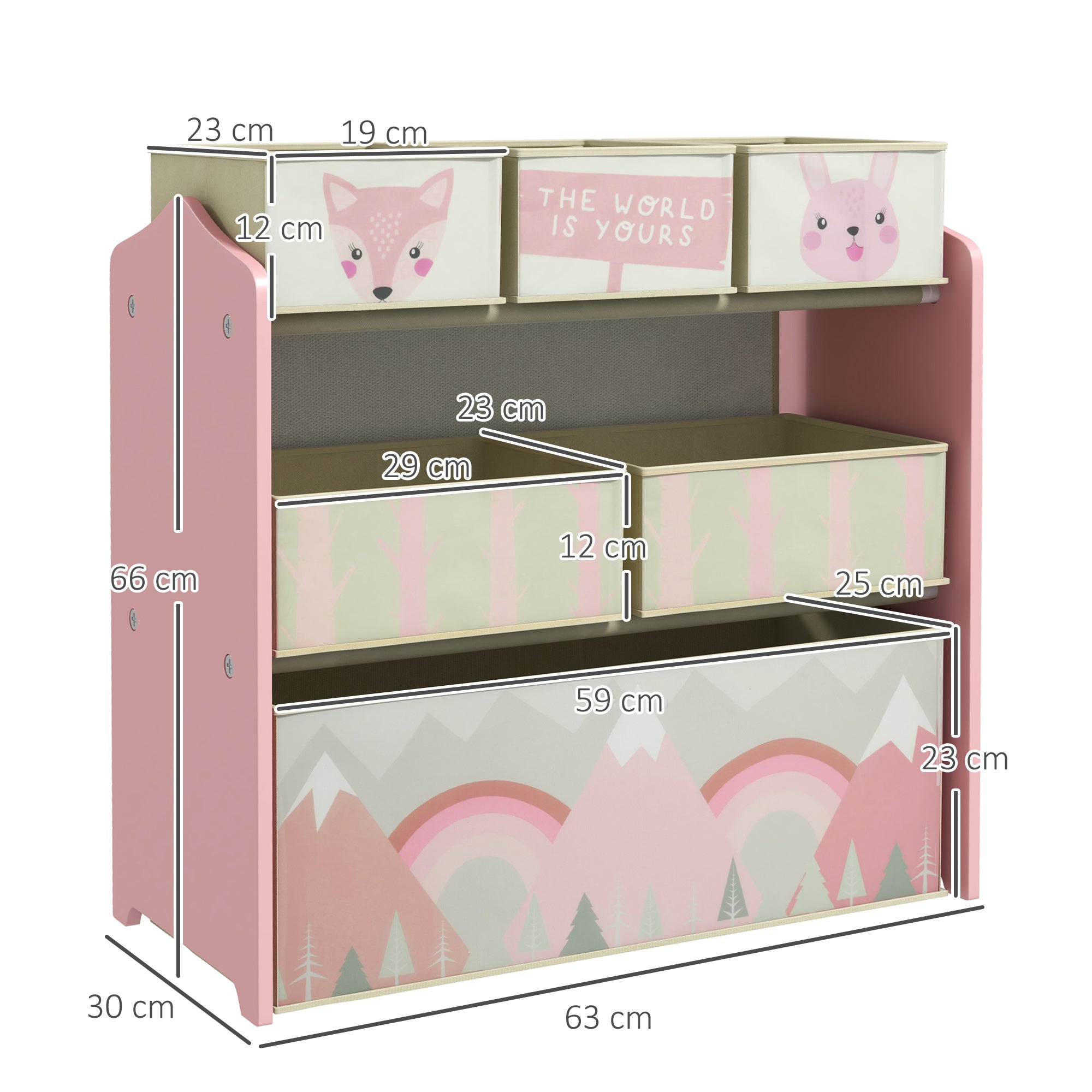 Kids Storage Units with 6 Fabric Bins, Childrens Toy Storage Organiser for Bedroom, Nursery, 63 x 30 x 66cm, Pink