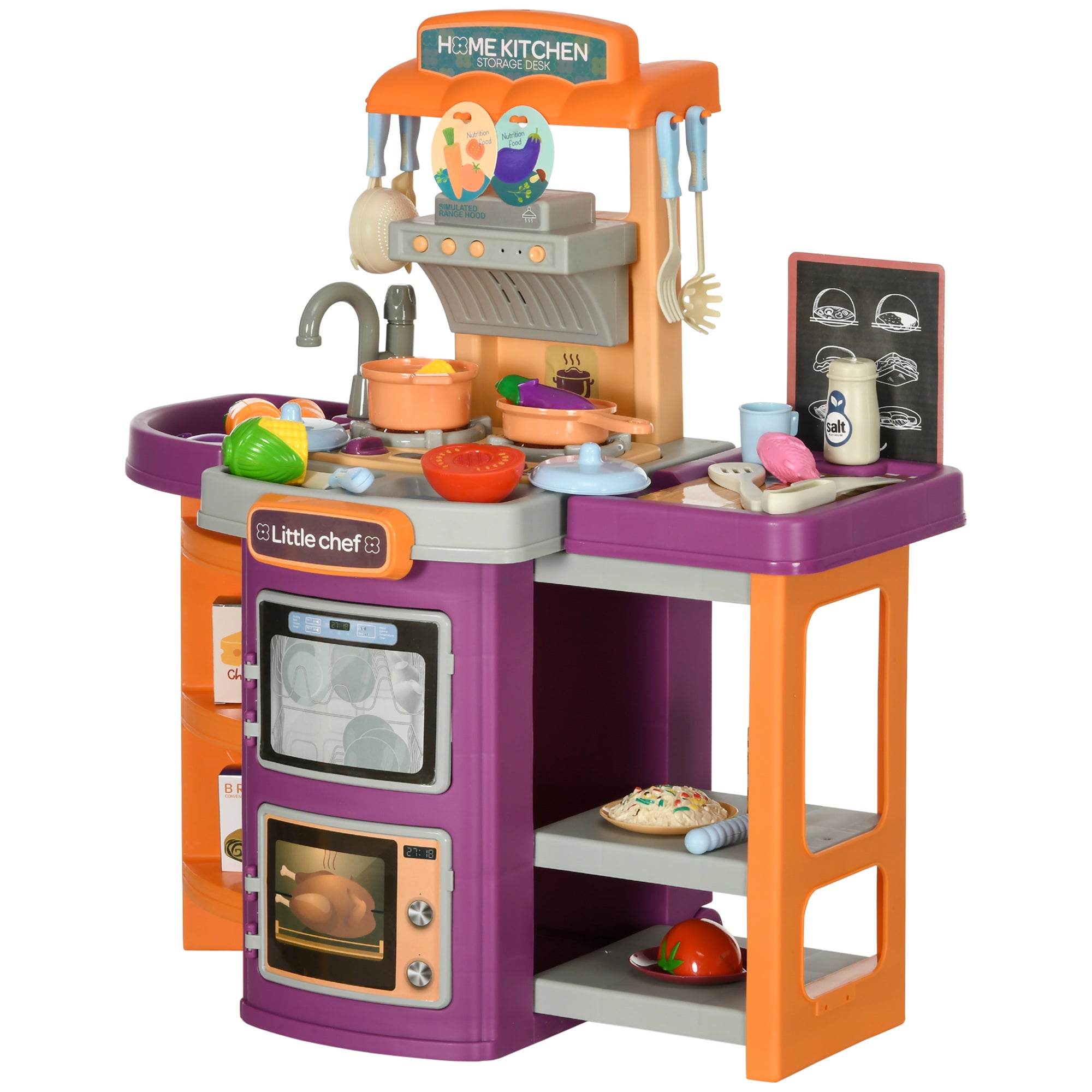 Toy Kitchen, 49 Pieces Kids Play Kitchen, Children Trolley, with Sound and Light, Spray Effects, Running Water