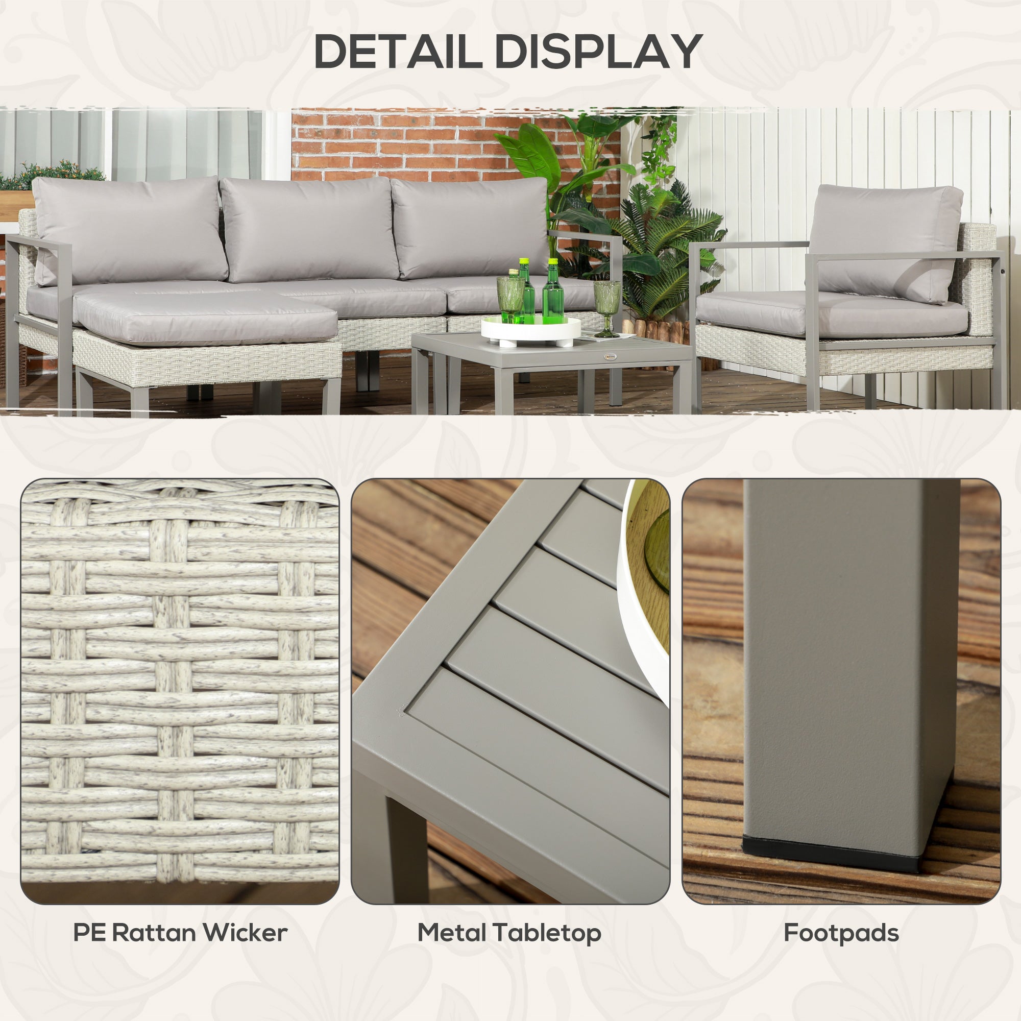 6 Pieces Patio Furniture Set with Sofa, Armchair, Stool, Metal Table, Cushions, for Outdoor, Light Grey