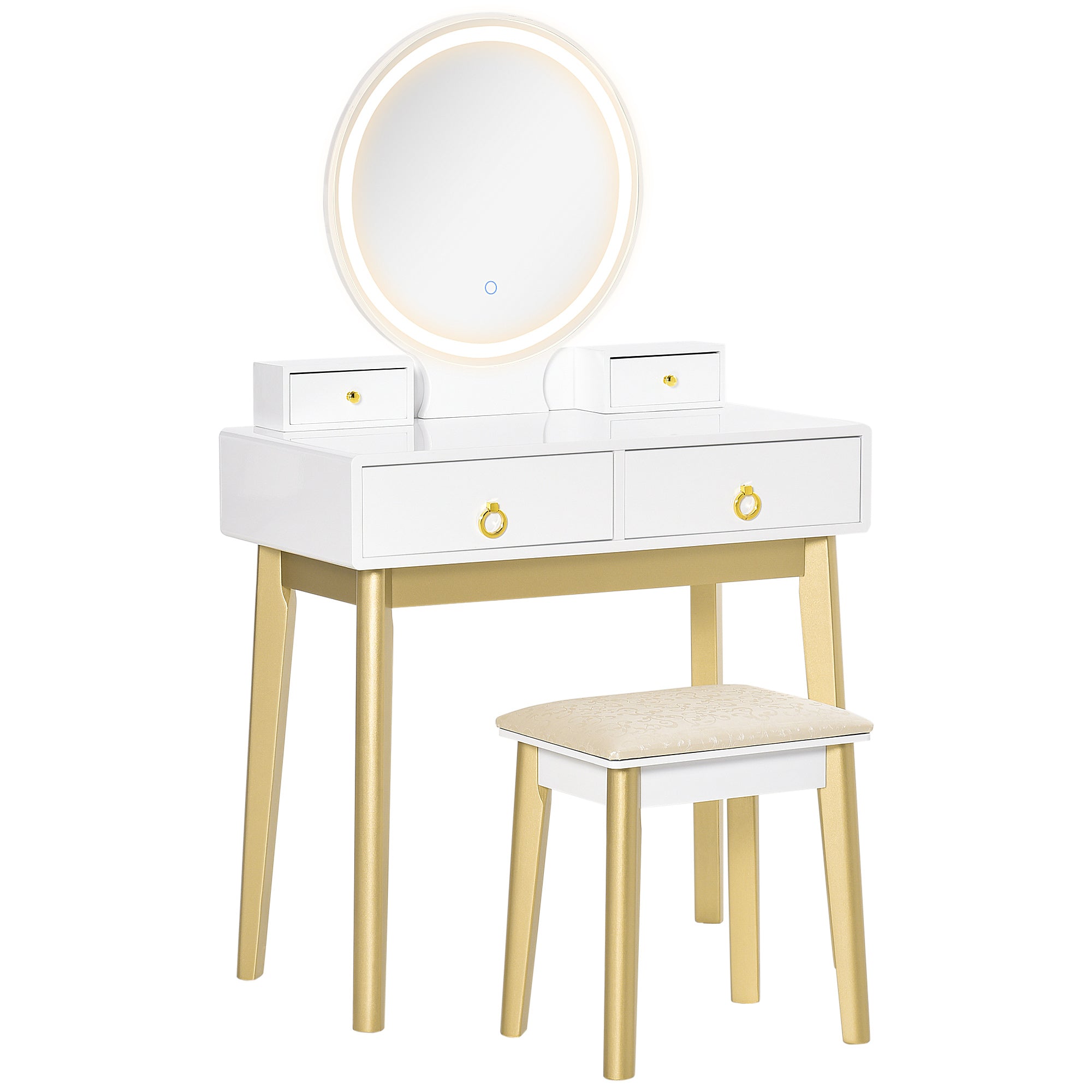 Dressing Table Set with Mirror, Built-in 3 Color LED Light, Vanity Makeup Table with 4 Drawers and Cushioned Stool for Bedroom, White