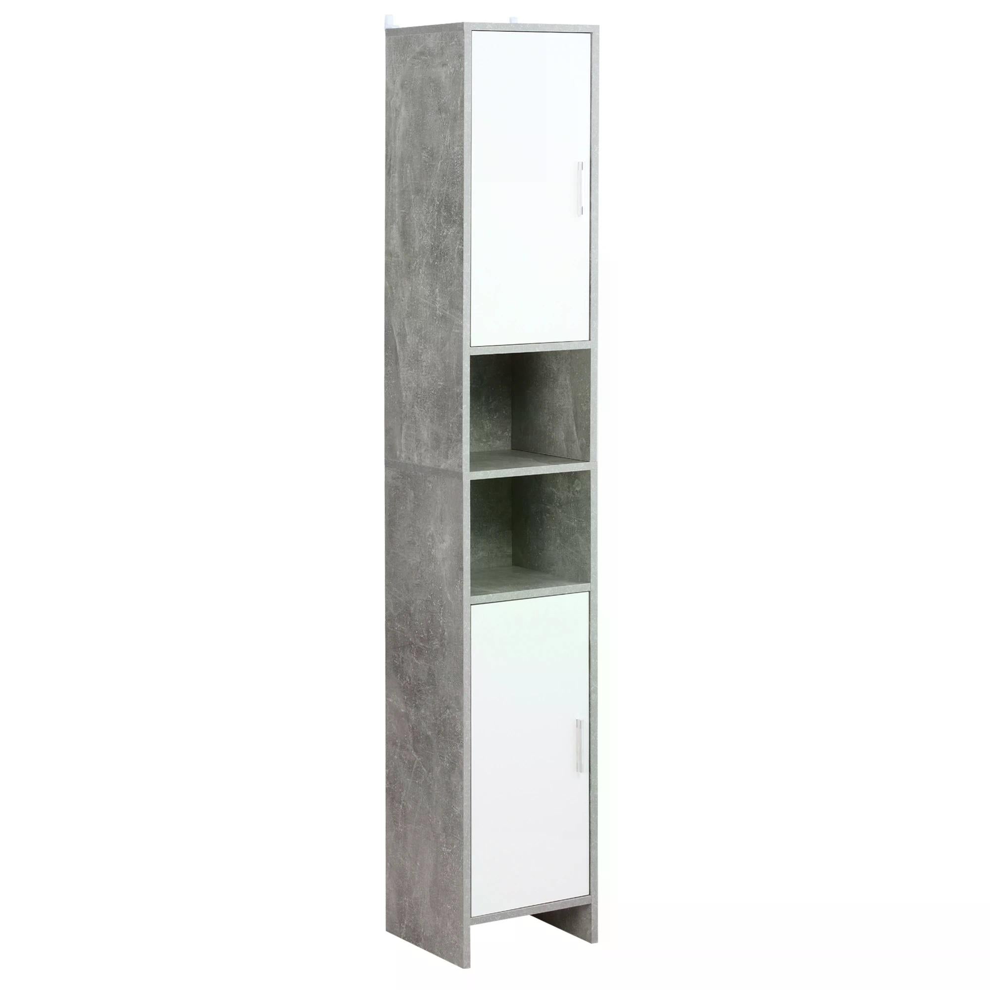 Free-standing Tall Bathroom Storage Cabinet w/ 2 Cupboards 2 Open Compartments, Slim Bathroom Organizer Adjustable Shelves Elevated Base-Grey