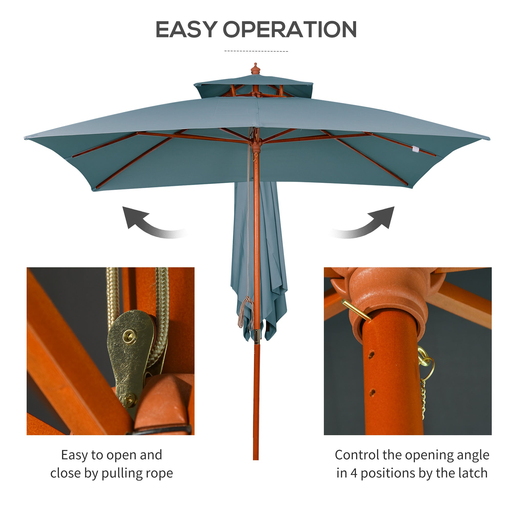 3x3(m) Wood Square Patio Umbrella Garden Market Parasol Sunshade Canopy with 2 Pulley Pagoda Style Dark Grey