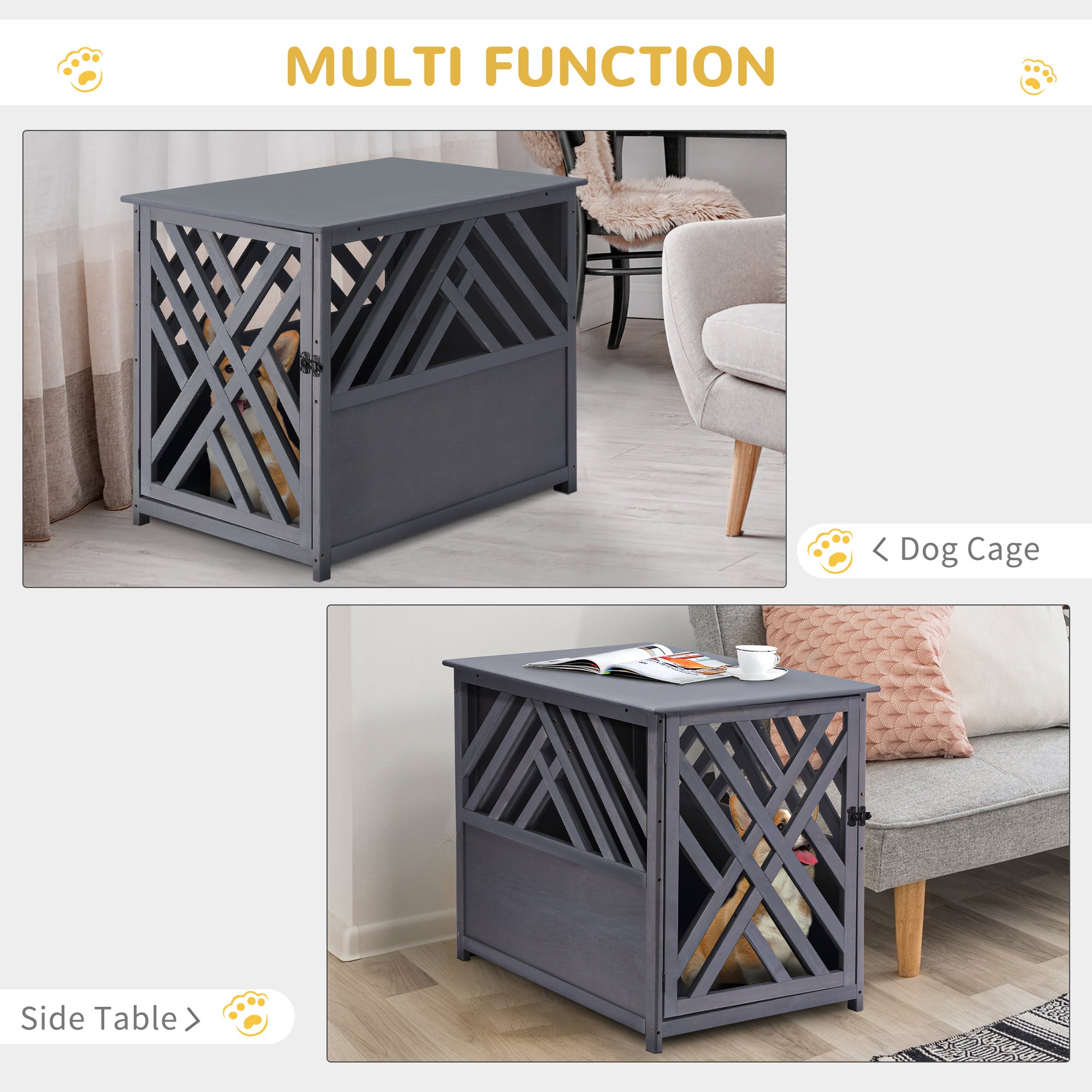 Furniture Style Wooden Dog Crate Kennel Top End Table Decorative Dog Cage Lattice Night Stand with Lockable Door, 60 x 91 x 74 cm, Grey