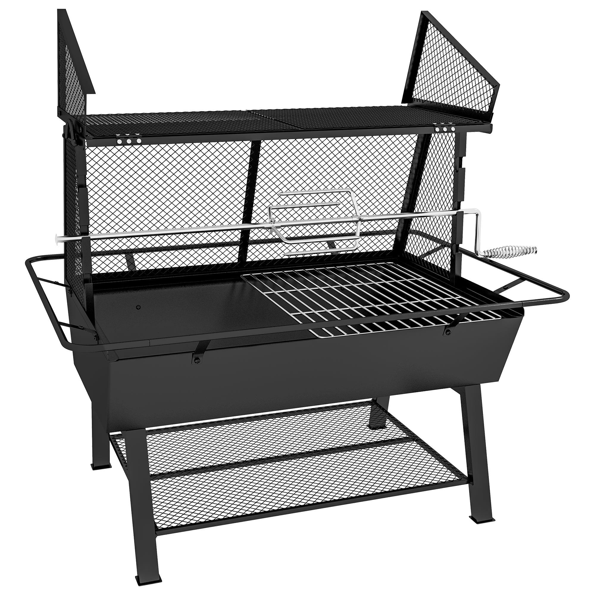 3-in-1 Charcoal Barbecue Grill, Rotisserie Roaster, Fire Pit with Storage Shelf and Mesh Lid