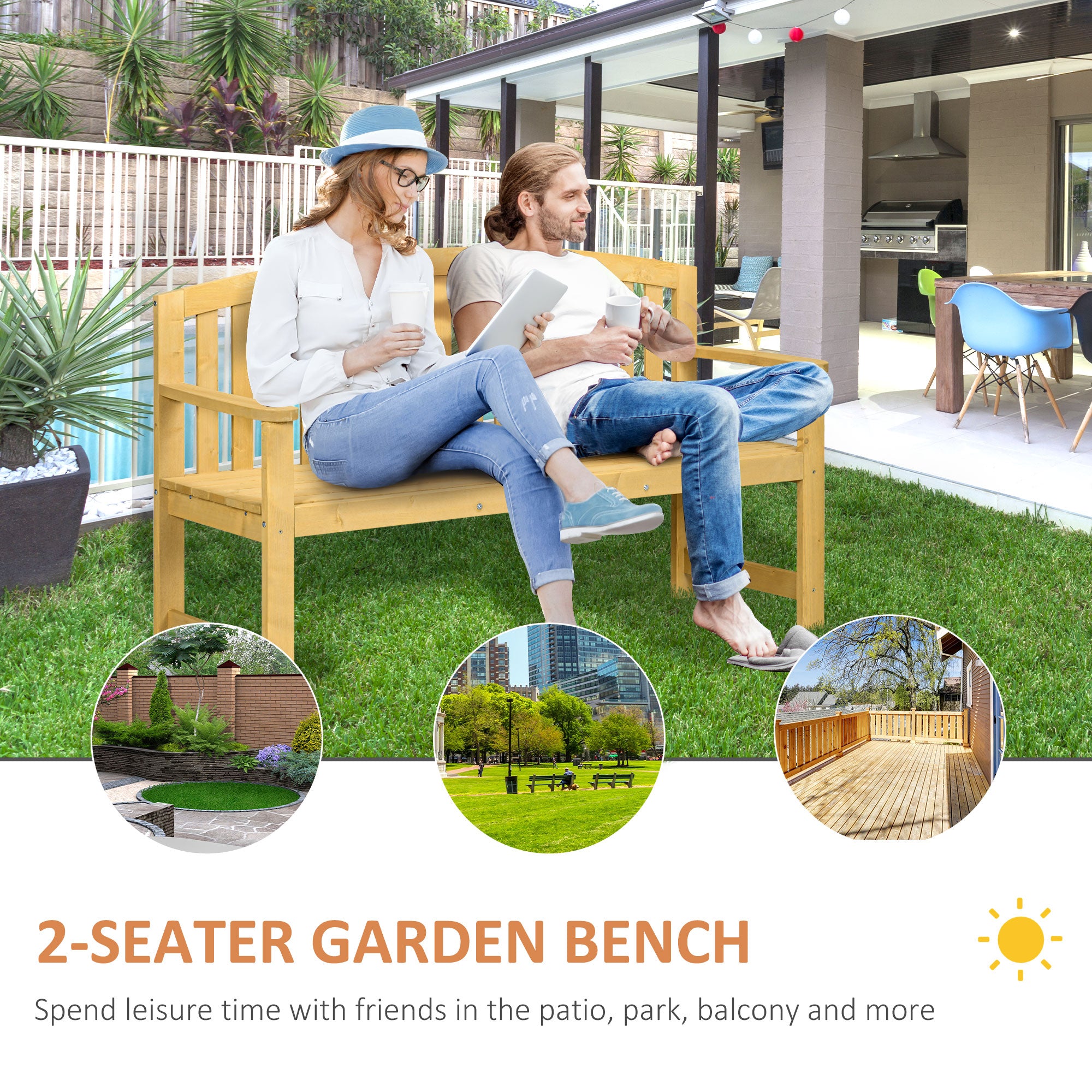 2 Seater Wooden Garden Bench with Armrest for Outdoor - Orange
