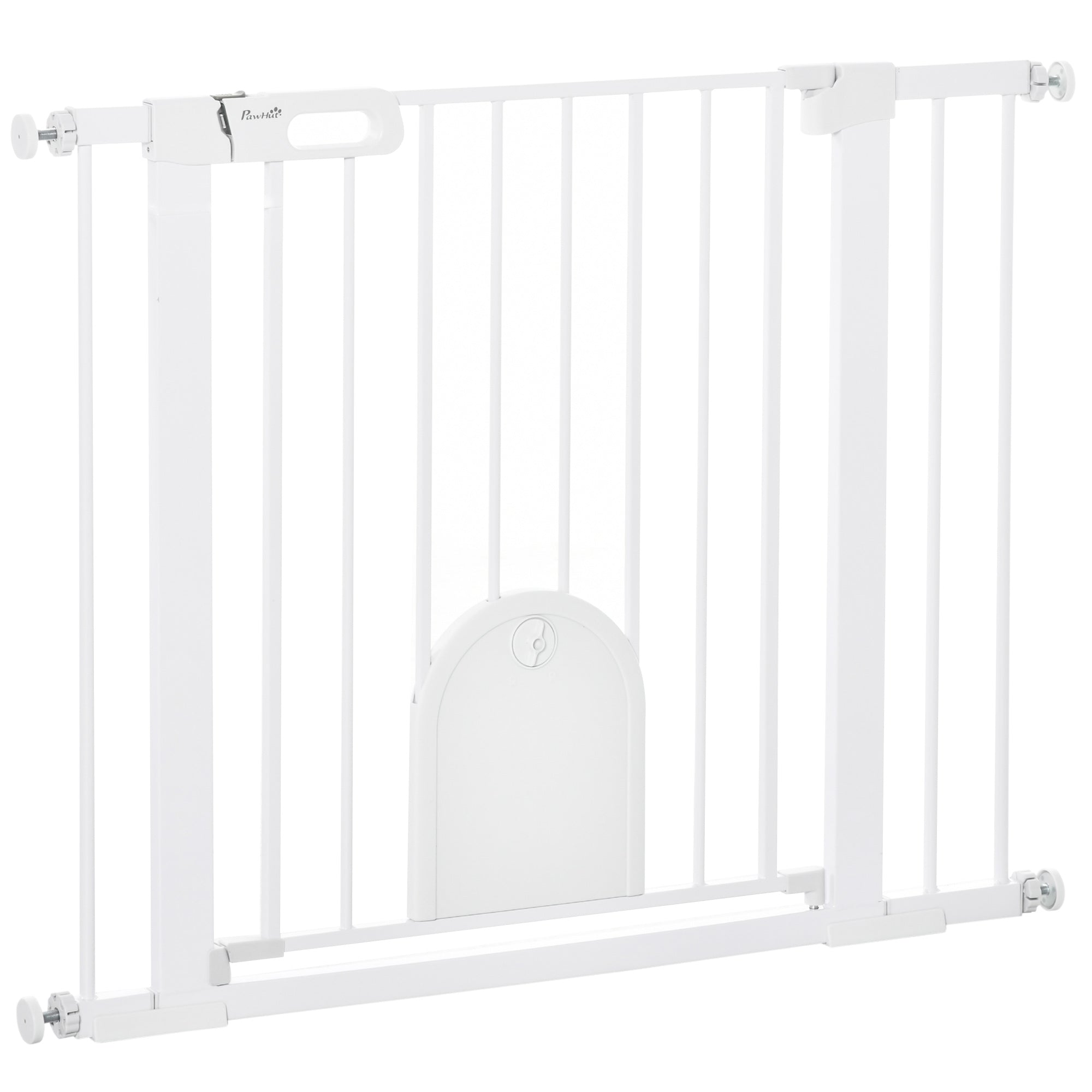 Dog Gate with Cat Flap Pet Safety Gate Barrier, Stair Pressure Fit, Auto Close, Double Locking, for Doorways, Hallways, 75-103 cm White